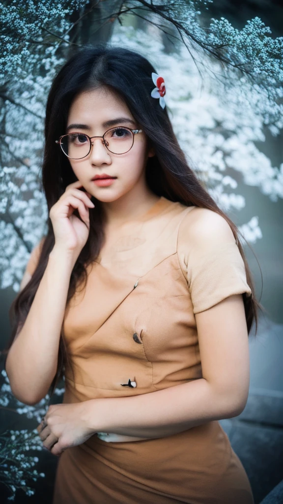 Photorealistic, (close up:1.3, exposed face), wide angle, (seen from below), a japanese young woman wearing wet (long sleeve (floral t-shirt:1.2), oversized t-shirt, bottomless), a hyperrealistic beautiful young girls with grayish blue eyes in glasses, natural sagging breast, high detailed official artwork, beautiful girls with slim fit body and busty posture, long legs, attractive young woman, (atractive poses:1.3, crossed arm hold the breast up), at bench in the (natural foggy forest:1.2), natural background, rainny day, dubnitskiy david fanart, realistic portrait, smooth photorealistic, perfect visual of a cute girls, cute girls with skinice soft face, face focus, makoto shinkai and artgerm, photon mapping, natural light, warm color tones, vivid colors, cool ambient, foggy atmosphere