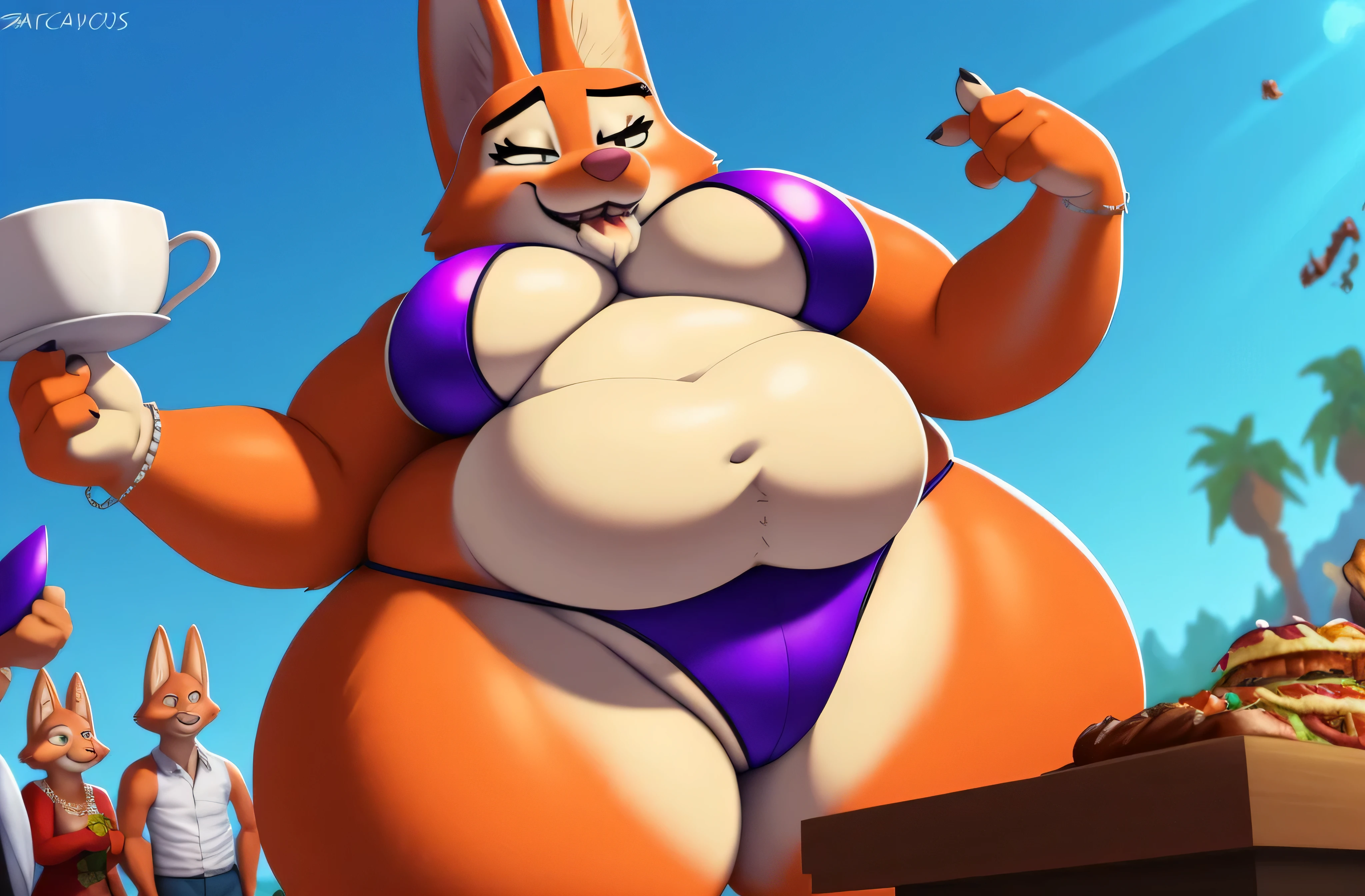 por Zackary911, Diane Foxington, antropo, Bunda grande, Sozinho, no underwear, Curvy, muito gordo, (quadris largos:1.3), coxas enormes, grossas e macias, SSBBW, very fat flabby arms, realistic lighting, High detail, qualidade hd, rosto detalhado, Sombreamento realista, rolos de gordura, massive size, gigantescos enormes seios transbordando de gordura, massive cleavage, Pesado, plussize, everything is fat, textura macia, olhos grandes bonitos, semi-realista, Dynamic angle, pattern clothes, Super Obeso, corpo pastoso, festival of food, eating a lot, overstuffed, banquet, swallowing all food