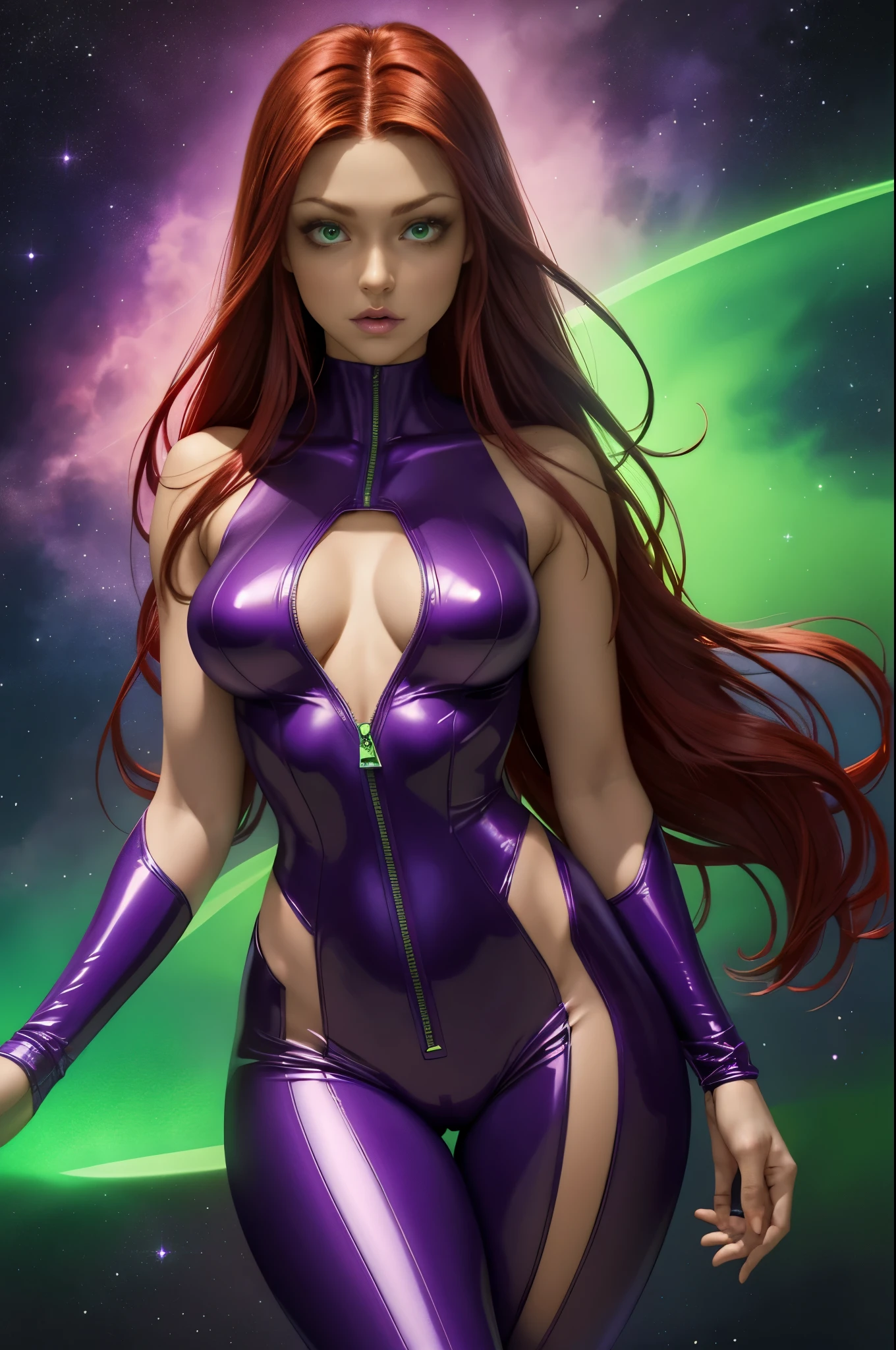 (masterpiece, best quality:1.2), Starfire from the Titans, 1girl, solo, breasts, long flowing red hair, night, purple metallic body suit in a deep V opening in front opening, unzipped all the way down, open bodysuit, solid green glowing eyes, space background, perfect hands, perfect fingers, skimpy outfit,