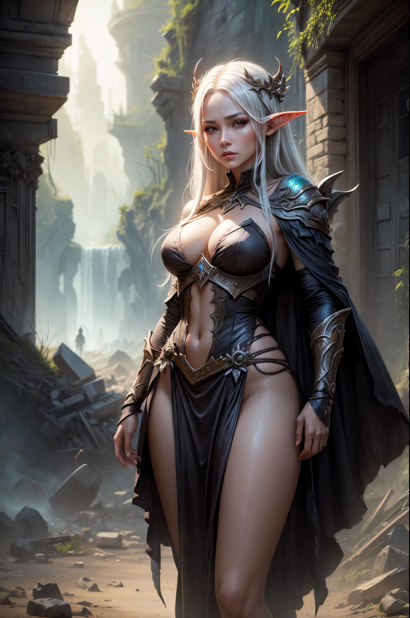 a woman in a costume standing in a ruined area, a character portrait by Jeremy Chong, Artstation contest winner, fantasy art, beautiful character painting, fantasy concept art portrait, of an elden ring elf, 4k fantasy art, dark elf maiden, portrait of an elf queen, epic exquisite character art, stunning character art, in style of wlop