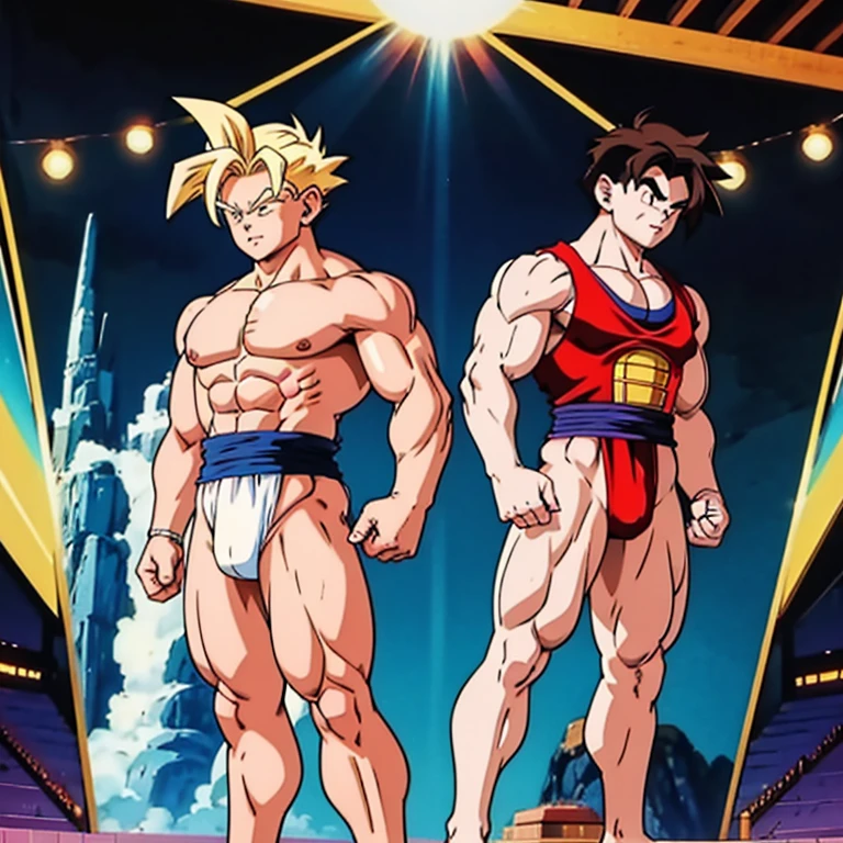, High quality full body image of Gohan as a bodybuilder, He's only wearing thong briefs, ohne Schuhe, Feet, bare Feet, massive muscular body, huge muscular shoulders, Massive big biceps, Venen im Bizeps, Muskelbeine, massive muscular abs, Bizepsflex. posierend, er schwitzt, very muscular, The toned body shines in the spotlight, he is standing on a stage, much muscular sexy, Bodybuilding-Pose, clean-shaven body