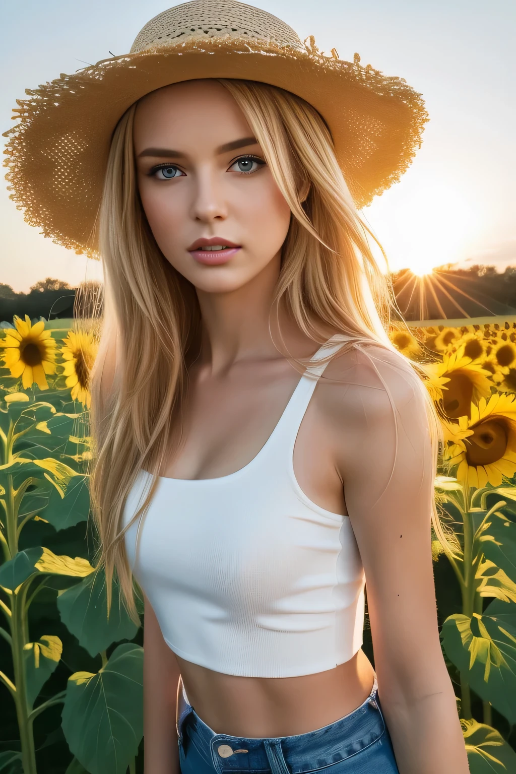 a beautiful young blonde woman, detailed portrait, elegant, detailed eyes, long eyelashes, full lips, detailed skin, detailed hair, natural lighting, outdoors, serene expression, flower field, golden hour, high quality, detailed, photorealistic, masterpiece, topless black thong, (whole body:1.5), dynamic pose, seductive,