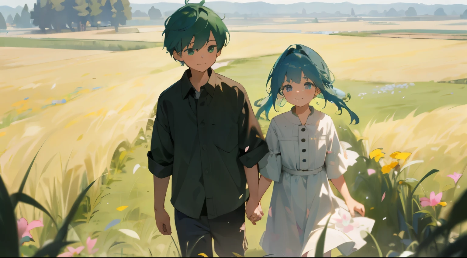 (Masterpiece), (Best Quality), Extremely Detailed CG Unity 8k wallpaper, Ultra detailed, High resolution, Upper body, Depth of field, Extremely detailed eyes and face, Smile, Hands behind Back, Boy and Girl Hands Walking Together, Walking on Prairie, Green Fields, Grass, Plants, Flowers, Petals, boy with blue hair, and girl pink hair