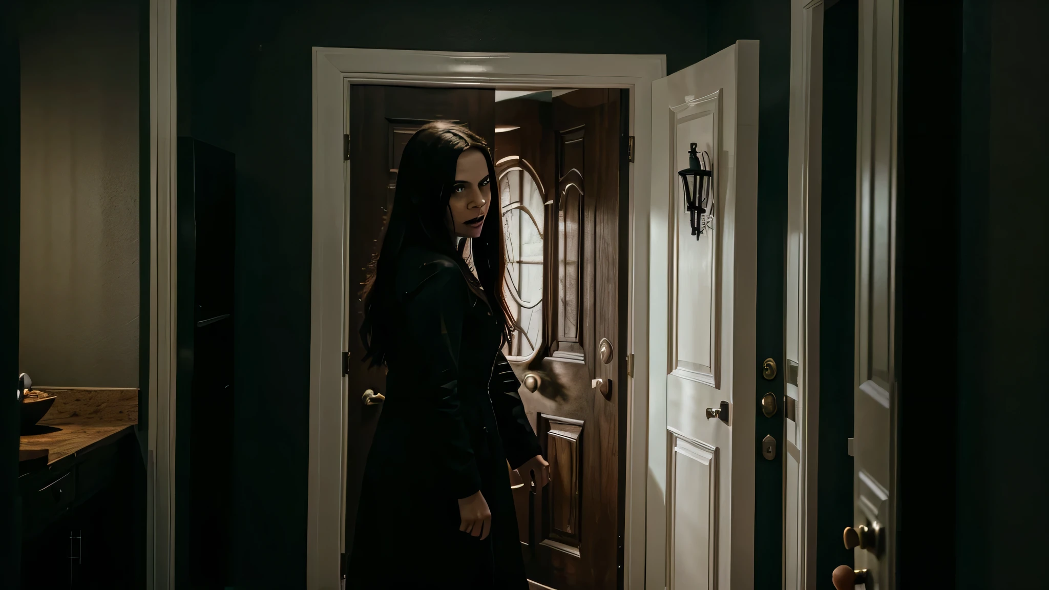 sinister horror movie image of a woman opening a magical door, cena de filme de terror