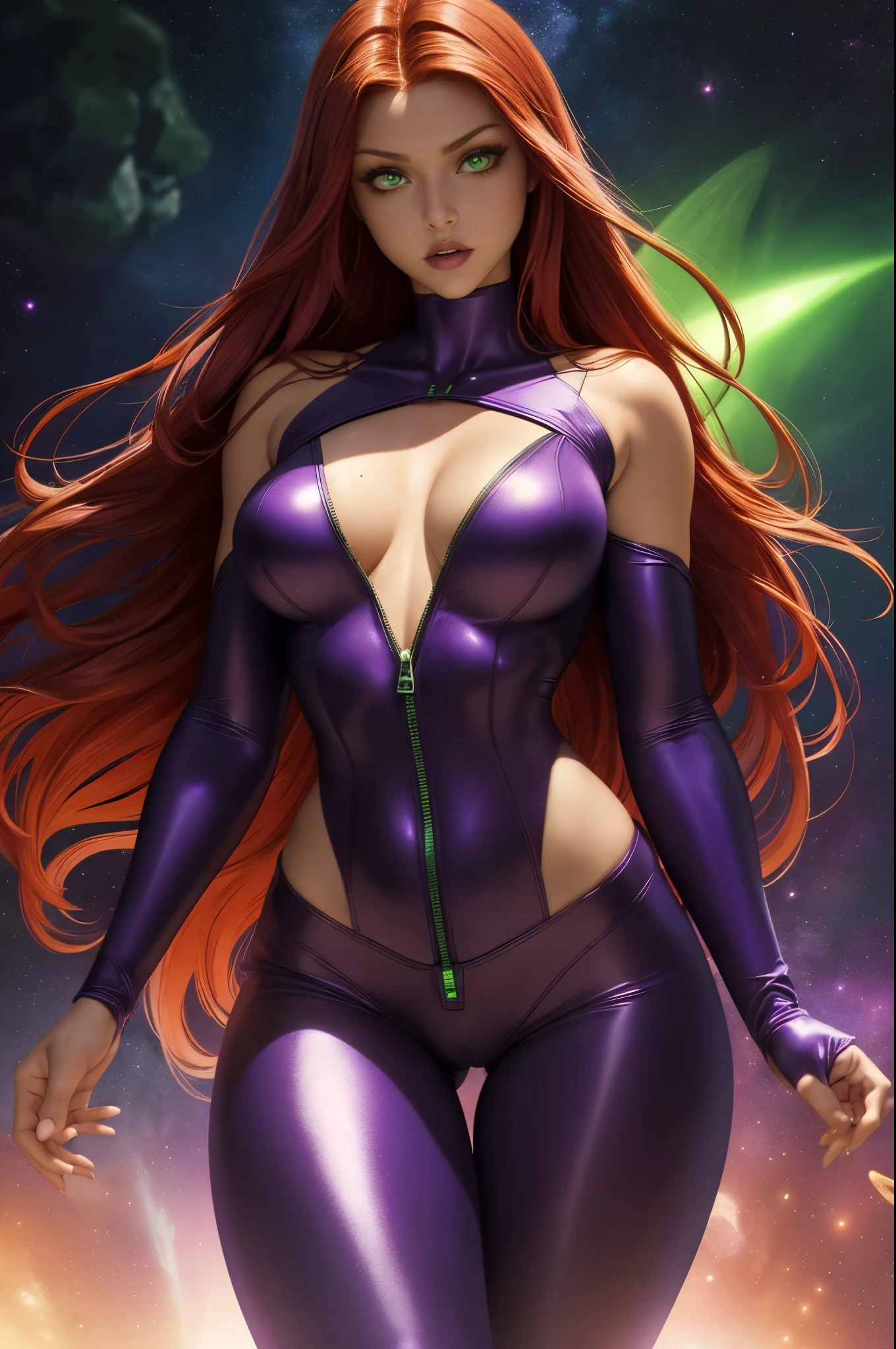 (masterpiece, best quality:1.2),  Starfire from the Teen Titans, 1girl, solo, breasts, long flowing red hair, night, purple metallic body suit in a deep V opening in front opening, unzipped all the way down, open bodysuit, solid green glowing eyes, space  background, perfect hands, perfect fingers, skimpy outfit, orange skin