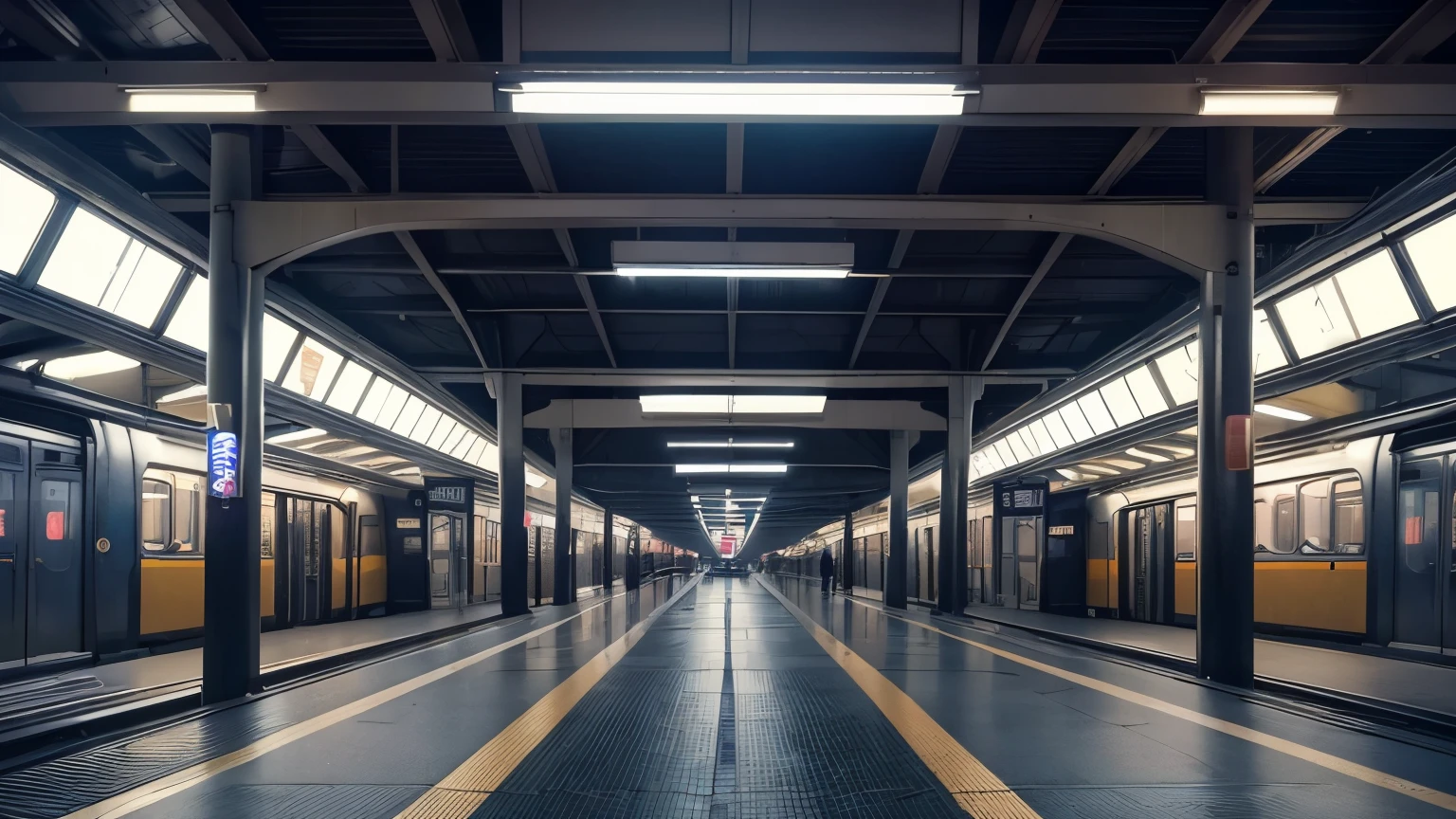 (best quality,High resolution,Super detailed,Reality:1.2) An empty station platform, eye-level perspective, quiet atmosphere、No trains, Way back, Night Station、Waiting for the train、Dim platform, I can vaguely see a figure in the distance., Modern architecture, Urban living、Scenery of the Japan station just before the last train。