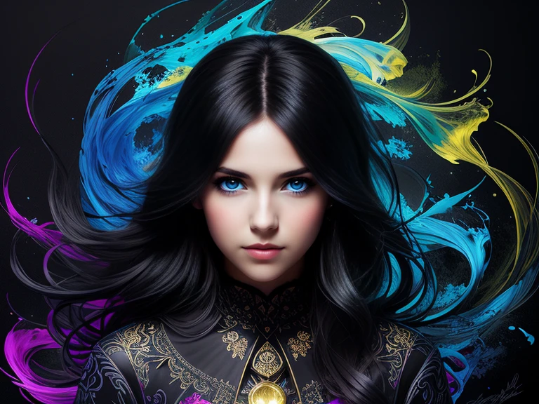 Colorful beautiful girl: a giru 28-years old, messy hair, oil painting, nice perfect face with soft skinice perfect face, blue yellow colors, light purple and violet additions, light red additions, intricate detail, splash screen, 8k resolution, masterpiece, cute face,artstation digital painting smooth veryBlack ink flow: 8k resolution photorealistic masterpiece: intricately detailed fluid gouache painting: by Jean Baptiste Mongue: calligraphy: acrylic: watercolor art, professional photography, natural lighting, volumetric lighting maximalist photoillustration: by marton bobzert:, complex, elegant, expansive, fantastical, wavy hair, vibrant, Best quality details, realistic, High definition, High quality texture, epic lighting, Cinematic film still, 8k, soft lighting, anime style, masterful playing card border, random Colorful art, oil painting, blue yellow colors, light purple and violet additions, light red additions, intricate detail, splash screen, 8k resolution, masterpiece, artstation digital painting smooth veryBlack ink flow: 8k resolution photorealistic masterpiece: intricately detailed fluid gouache painting: by Jean Baptiste Mongue: calligraphy: acrylic: watercolor art, professional photography, natural lighting, volumetric lighting maximalist photoillustration: by marton bobzert:, complex, elegant, expansive, fantastical, vibrant, ((dark plain black background:1.4))