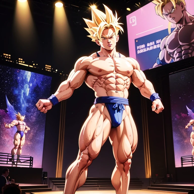 , High quality full body image of Gohan as a bodybuilder, He&#39;s only wearing thong briefs, ohne Schuhe, Feet, bare Feet, massive muscular body, huge muscular shoulders, Massive big biceps, Venen im Bizeps, Muskelbeine, massive muscular abs, Bizepsflex. posierend, er schwitzt, very muscular, The toned body shines in the spotlight, he is standing on a stage, much muscular sexy, Bodybuilding-Pose, clean-shaven body