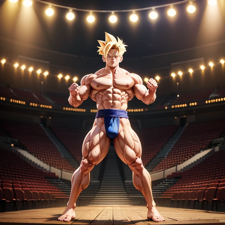 , High quality full body image of Gohan as a bodybuilder, He's only wearing thong briefs, ohne Schuhe, Feet, bare Feet, massive muscular body, huge muscular shoulders, Massive big biceps, Venen im Bizeps, Muskelbeine, massive muscular abs, Bizepsflex. posierend, er schwitzt, very muscular, The toned body shines in the spotlight, he is standing on a stage, much muscular sexy, Bodybuilding-Pose, clean-shaven body