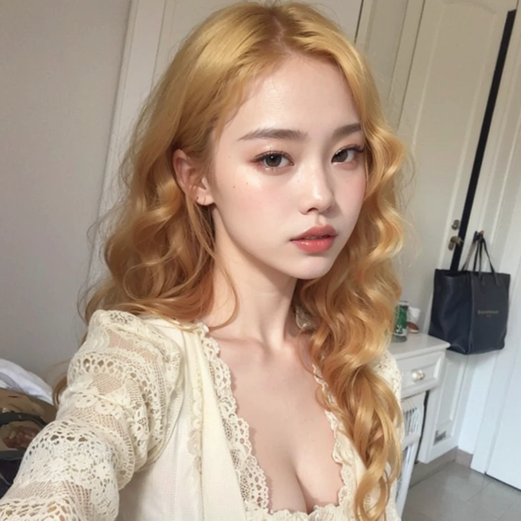 a close up of a woman with long red hair wearing a white dress, beautiful south korean woman, wavy hair yellow theme, pale skin curly blond hair, gorgeous young korean woman, beautiful young korean woman, lalisa manobal, korean girl, yanjun chengt, korean woman, light yellow hair, medium yellow blond hair, ulzzang