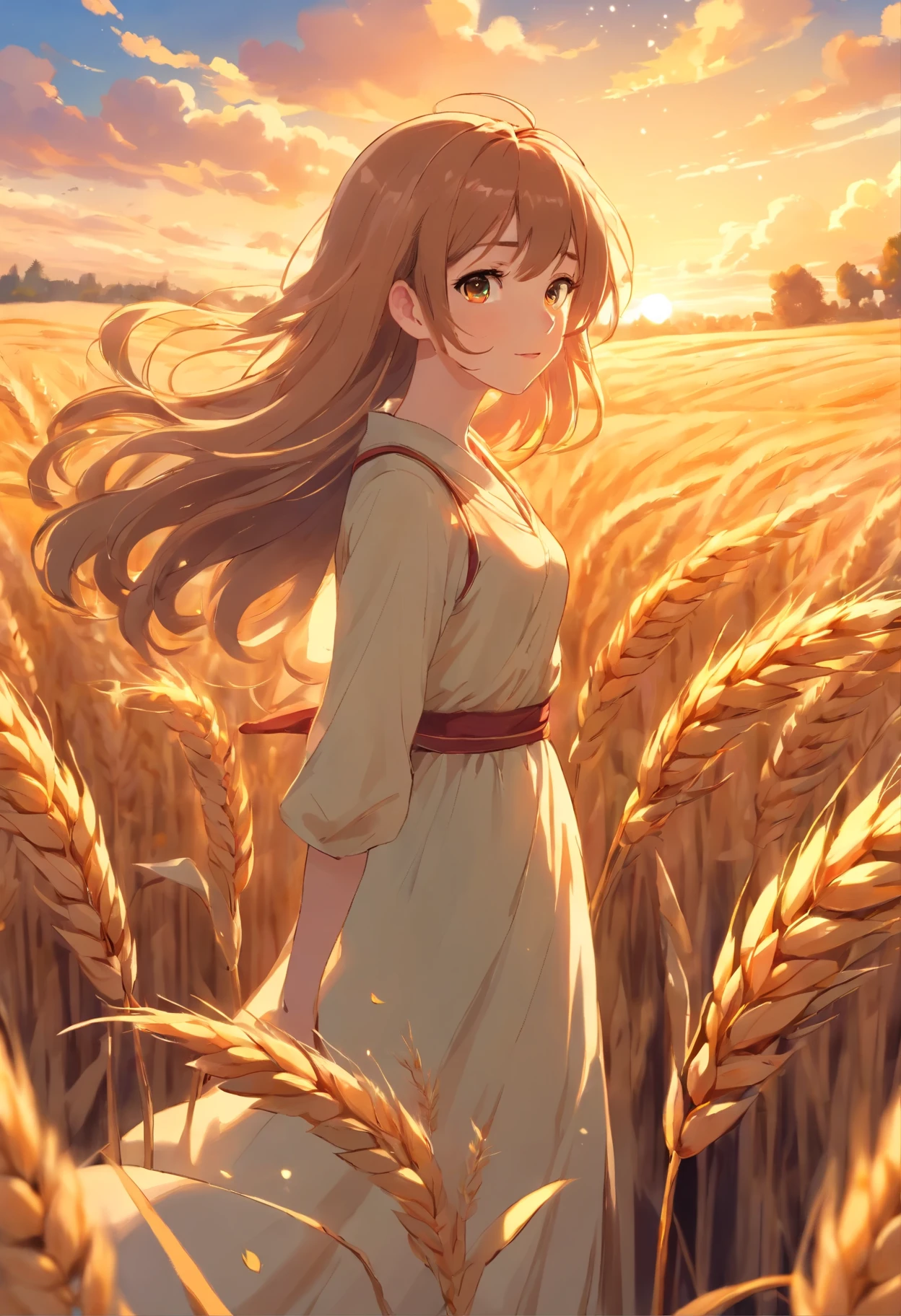 (Masterpiece, Best quality, ultra detailed, extremely detailed computer graphics, beautiful landscape), ((view from afar)), wheat field, Wheat field, blue sky, very world, curly clouds, few clouds, many angels, angels with white wings, angels rejoice and dance, victory dance, silk dresses, glossy clothes, shiny clothes, Light around your head, Additional lighting, warm color palette, Disney art style, Lois van Baerle, glowing aura around her, glowing lights, digital painting, flowing glowing hair, glowing flowing hair, beautiful digital illustration, fantasy background, Bizarre, magic, Fantasy, Beautiful face, Anime woman scene, walking through a field of wheat, yellow field, Nature, spirit, Blossom, colorful landscapes