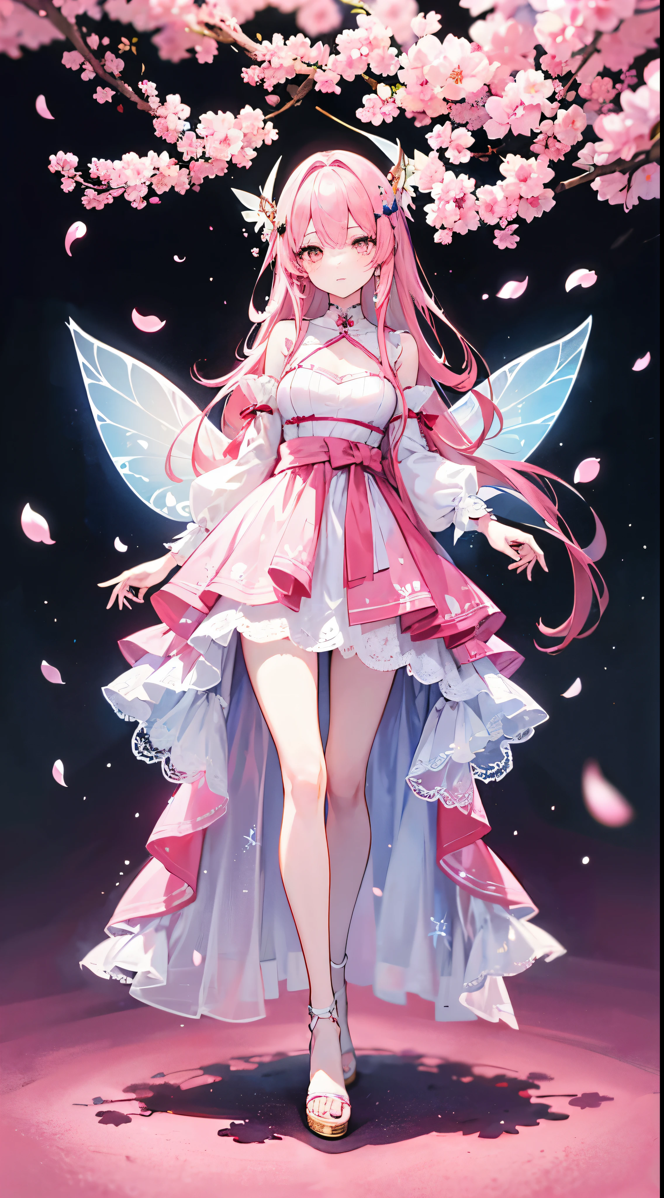 A girl wearing a dress with a cherry blossom fairy motif, pink hair, long, front view, full body, white eyes, top quality, cute, from head to toe, front view, with fairy wings on her waist. Gorgeous image, standing, long hair, well-shaped face