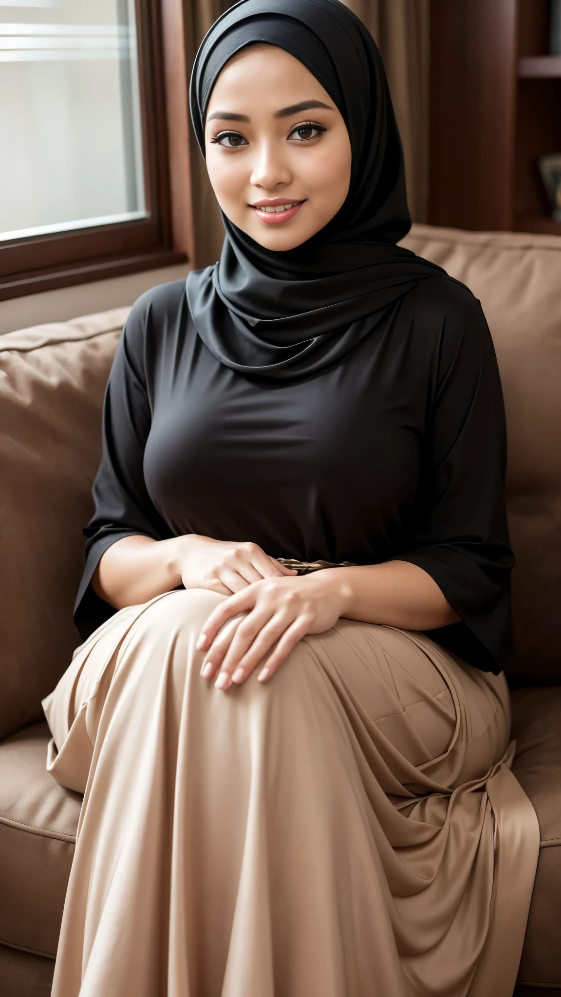 ( Close Up),RAW, Best quality, high resolution, work: 1.3, beautiful Malay woman in hijab, beautiful big eyes, smiling, very beautiful face, perfect face, shiny lips, soft smile, medium portrait, watery eyes, big breasts,thick thighs, woman sitting in a black skirt and a beige blouse, long skirt, dress, high-waist-black-skirt, hijab, with lovely look, modest flowing gown, pleated skirt, style,iwasa mei, long dress female, dressed in long fluent skirt, full body picture, wearing a long flowy fabric, black skirt