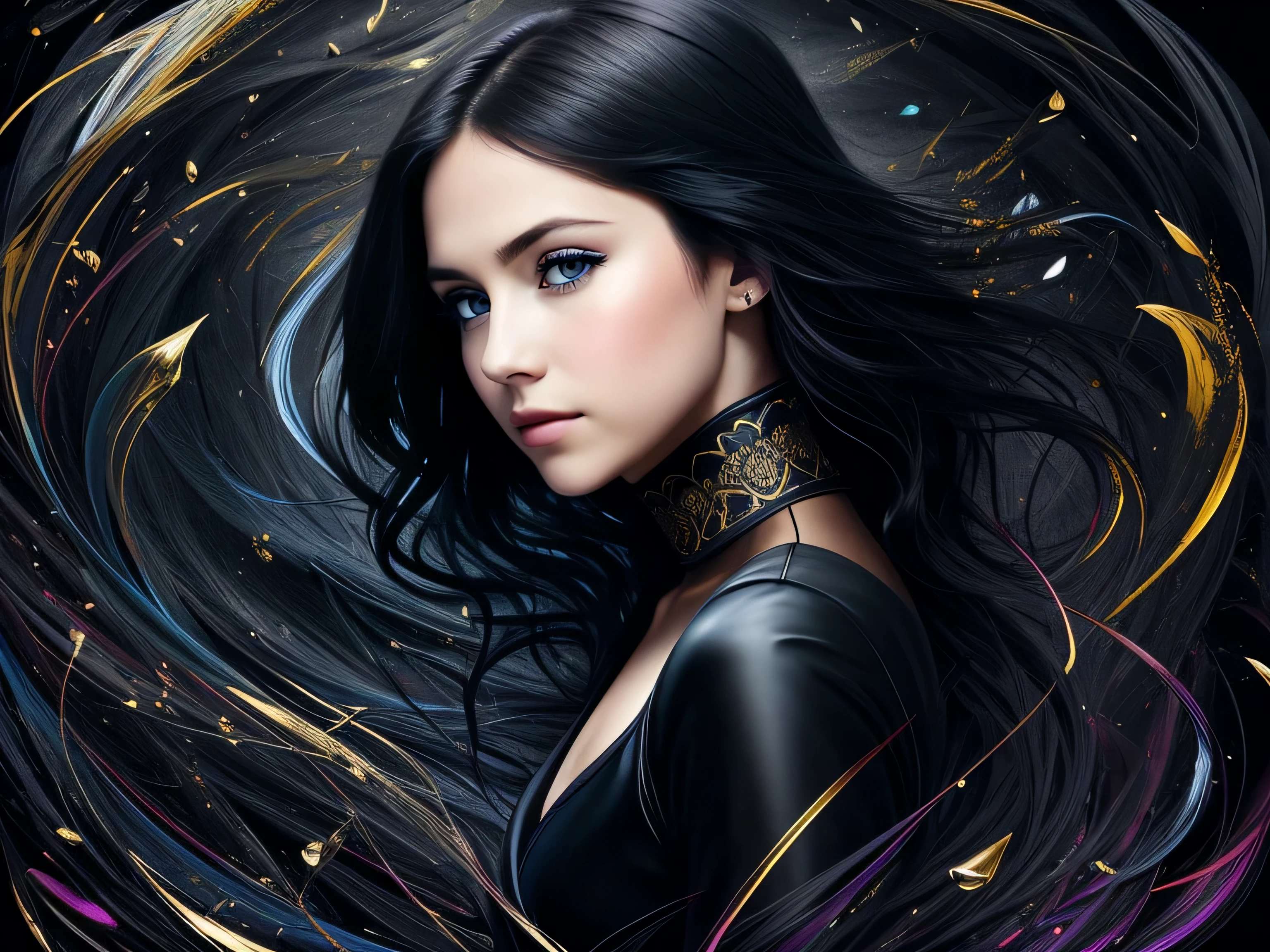 Colorful beautiful girl: a giru 28-years old, messy hair, oil painting, nice perfect face with soft skinice perfect face, blue yellow colors, light purple and violet additions, light red additions, intricate detail, splash screen, 8k resolution, masterpiece, cute face,artstation digital painting smooth veryBlack ink flow: 8k resolution photorealistic masterpiece: intricately detailed fluid gouache painting: by Jean Baptiste Mongue: calligraphy: acrylic: watercolor art, professional photography, natural lighting, volumetric lighting maximalist photoillustration: by marton bobzert:, complex, elegant, expansive, fantastical, wavy hair, vibrant, Best quality details, realistic, High definition, High quality texture, epic lighting, Cinematic film still, 8k, soft lighting, anime style, masterful playing card border, random Colorful art, oil painting, blue yellow colors, light purple and violet additions, light red additions, intricate detail, splash screen, 8k resolution, masterpiece, artstation digital painting smooth veryBlack ink flow: 8k resolution photorealistic masterpiece: intricately detailed fluid gouache painting: by Jean Baptiste Mongue: calligraphy: acrylic: watercolor art, professional photography, natural lighting, volumetric lighting maximalist photoillustration: by marton bobzert:, complex, elegant, expansive, fantastical, vibrant, ((dark plain black background:1.4))