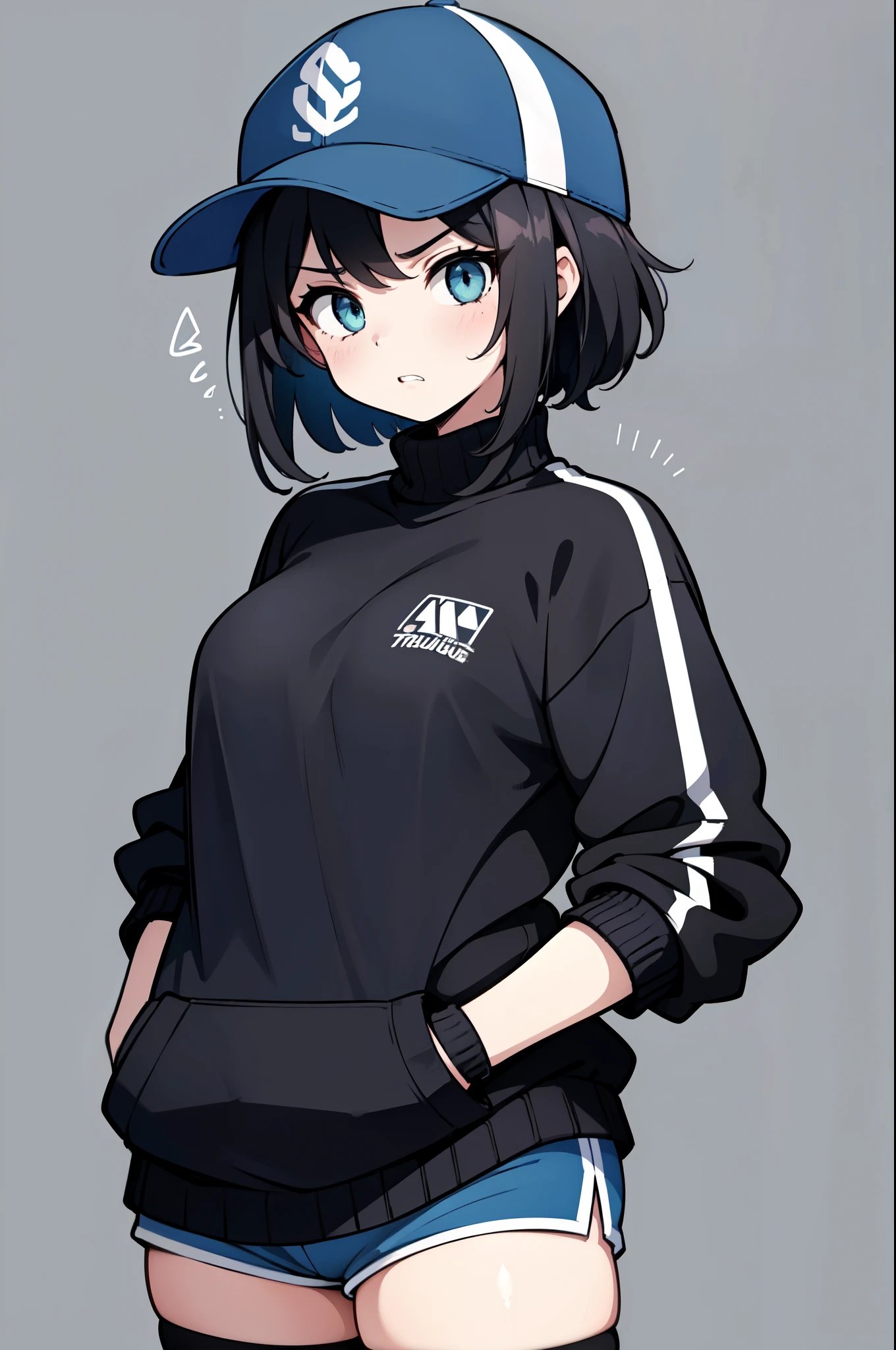 (masterpiece, best quality), 1girl, solo, young girl, medium breasts, tall beautiful woman, neutral, disgusted look, annoyed, clenched teeth, green emerald eyes, ((beautiful detailed eyes)), black hair, short hair, pixie cut, baseball cap, (white baseball cap), sports cap, sweater, (black sweater, blue sweater:1.3), ((bottomless, sports shorts)), thighhighs, sports shorts, standing, looking at viewer, (hands in pockets), gray background, simple background,