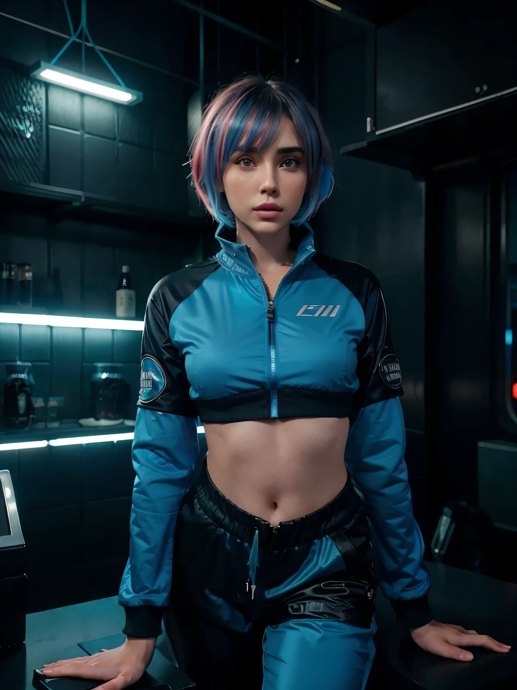 manages lucy from cyberpunk 2077 she has silver and blue hair, a white jacket and long socks