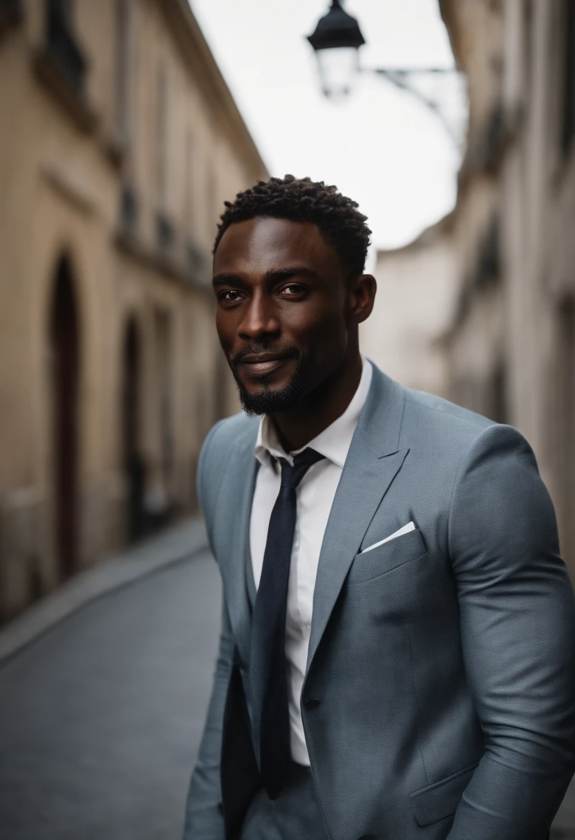 Antillais homme noire de 30 ans , cheveux courts foncés avec décoloration, ( sosie de Mickaël.B.Jordan et Idriss elba ) Costume sombre classe affaire,expression confiante,mâchoire pointue,peau vibrante,souriant,beau visage,Posture debout corps entier esbienne,Toile de fond de la ville,éclairage de studio professionnel,réaliste,une Ferrari, photoréaliste:1.37,portraits,Couleurs vives,Ton froid,éclairage doux