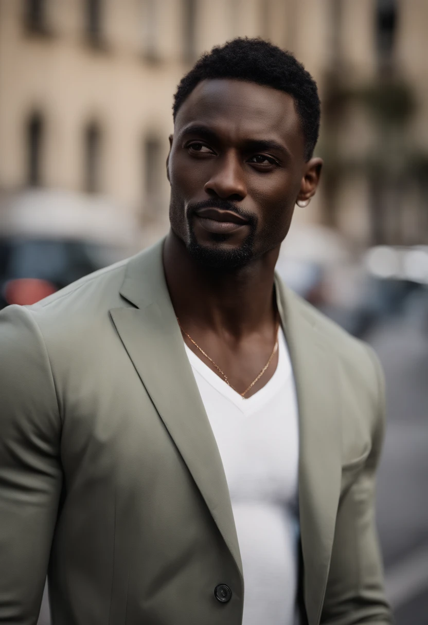 Antillais homme noire de 30 ans , cheveux courts foncés avec décoloration, ( sosie de Mickaël.B.Jordan et Idriss elba ) Costume sombre classe affaire,expression confiante,mâchoire pointue,peau vibrante,souriant,beau visage,Posture debout corps entier esbienne,Toile de fond de la ville,éclairage de studio professionnel,réaliste,une Ferrari, photoréaliste:1.37,portraits,Couleurs vives,Ton froid,éclairage doux