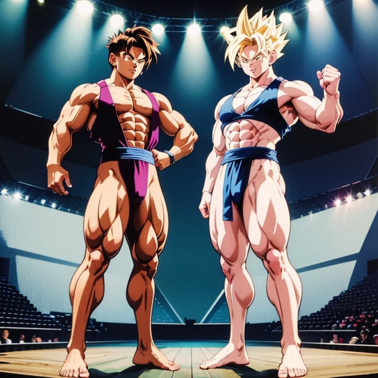 , High quality full body image of Gohan as a bodybuilder, He's only wearing thong briefs, ohne Schuhe, Feet, bare Feet, massive muscular body, huge muscular shoulders, Massive big biceps, Venen im Bizeps, Muskelbeine, massive muscular abs, Bizepsflex. posierend, er schwitzt, very muscular, The toned body shines in the spotlight, he is standing on a stage, much muscular sexy, Bodybuilding-Pose, clean-shaven body, ripped muscular chest