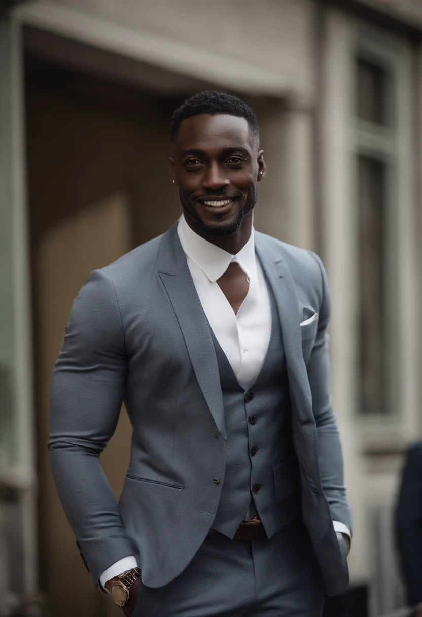 Antillais homme noire de 30 ans , corps entier esbienne, pantalon costume classe affaire, cheveux courts foncés avec décoloration, ( sosie de Mickaël.B.Jordan et Idriss elba ) Costume sombre classe affaire,expression confiante,mâchoire pointue,peau vibrante,souriant,beau visage,Posture debout corps entier esbienne,Toile de fond de la ville,éclairage de studio professionnel,réaliste,une Ferrari, photoréaliste:1.37,portraits,Couleurs vives,Ton froid,éclairage doux
