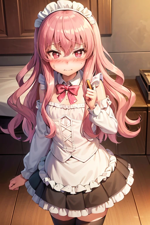 1girl, embarrassed, (forced smile:1.1), (blush:1.3), (nose blush:1.3), (full-face blush:1.3), v, sexy maid, stockings, (looking to the side :1.7), see-through clothes, navel, short skirt, see-through camisole, flat chest, petite, masterpiece, high quality, highres, absurdres, detailed face features, cinematic lights, indoors