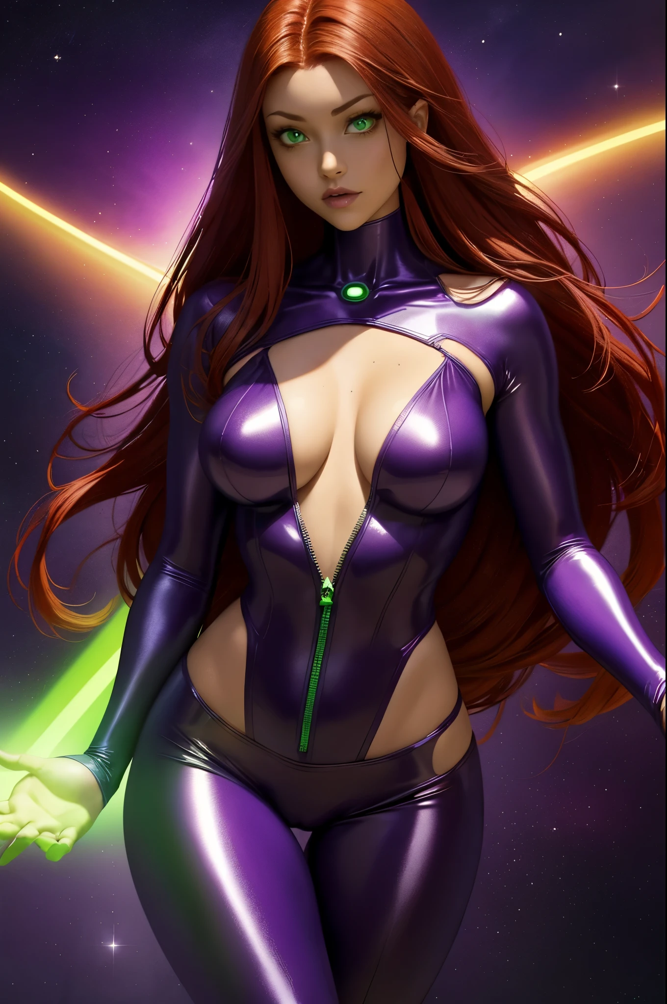 (masterpiece, best quality:1.2),  Starfire from the  Titans, 1girl, solo, breasts, long flowing red hair, night, purple metallic body suit in a deep V opening in front opening, unzipped all the way down, open bodysuit, solid green glowing eyes, space  background, perfect hands, perfect fingers, skimpy outfit, orange skin, large green jewel on chest, orange skin