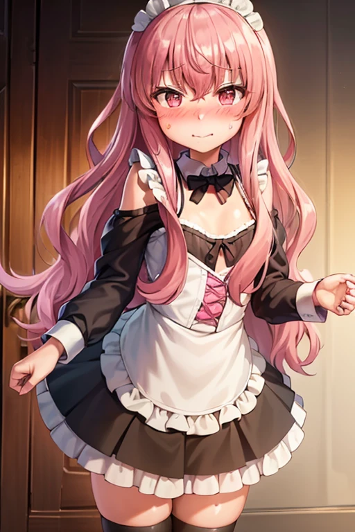 1girl, embarrassed, (forced smile:1.1), (blush:1.3), (nose blush:1.3), (full-face blush:1.3), v, sexy maid, stockings, (looking to the side :1.7), see-through clothes, navel, short skirt, see-through camisole, flat chest, petite, masterpiece, high quality, highres, absurdres, detailed face features, cinematic lights, indoors