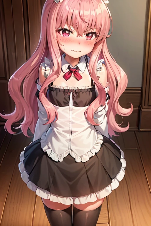 1girl, embarrassed, (forced smile:1.1), (blush:1.3), (nose blush:1.3), (full-face blush:1.3), v, sexy maid, stockings, (looking to the side :1.7), see-through clothes, navel, short skirt, see-through camisole, flat chest, petite, masterpiece, high quality, highres, absurdres, detailed face features, cinematic lights, indoors