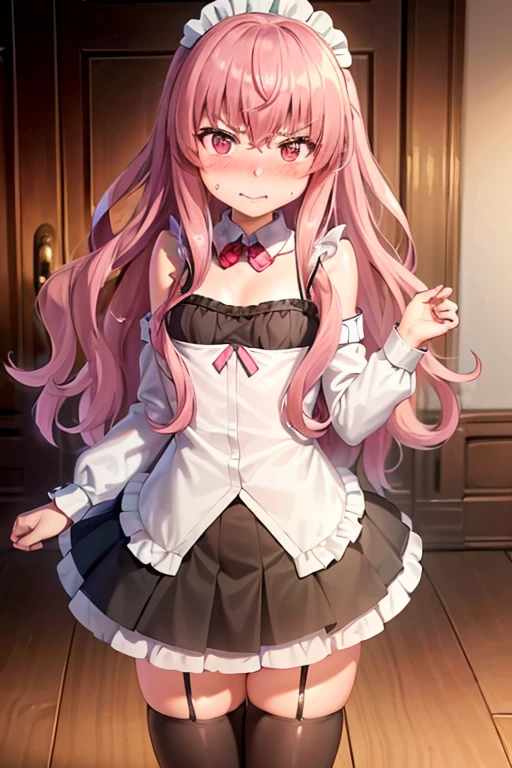 1girl, embarrassed, (forced smile:1.1), (blush:1.3), (nose blush:1.3), (full-face blush:1.3), v, sexy maid, stockings, (looking to the side :1.7), see-through clothes, navel, short skirt, see-through camisole, flat chest, petite, masterpiece, high quality, highres, absurdres, detailed face features, cinematic lights, indoors