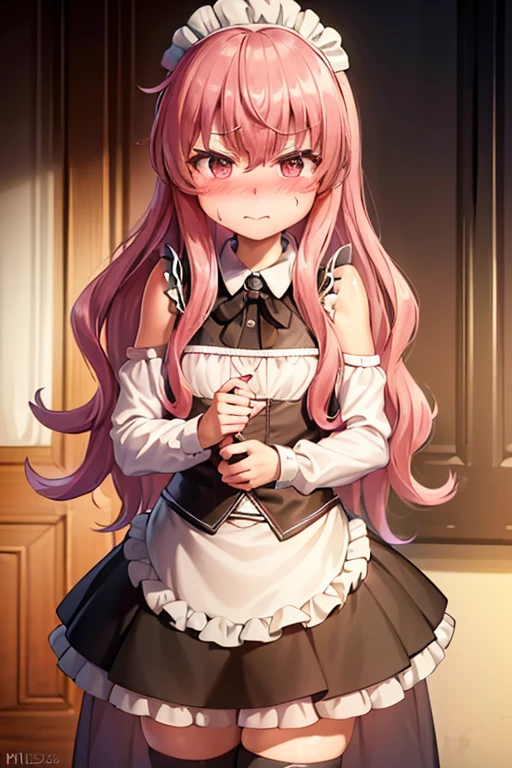 1girl, embarrassed, (forced smile:1.1), (blush:1.3), (nose blush:1.3), (full-face blush:1.3), v, sexy maid, stockings, (looking to the side :1.7), see-through clothes, navel, short skirt, see-through camisole, flat chest, petite, masterpiece, high quality, highres, absurdres, detailed face features, cinematic lights, indoors