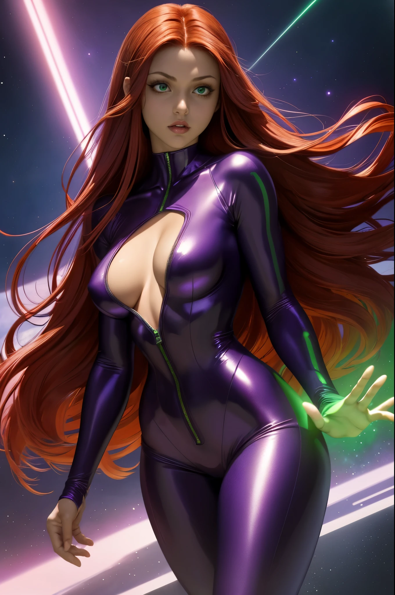 (masterpiece, best quality:1.2), Starfire from the Titans, 1girl, solo, breasts, long flowing red hair, night, purple metallic body suit in a deep V opening in front opening, unzipped all the way down, open bodysuit, solid green glowing eyes, space background, perfect hands, perfect fingers, skimpy outfit, orange skin