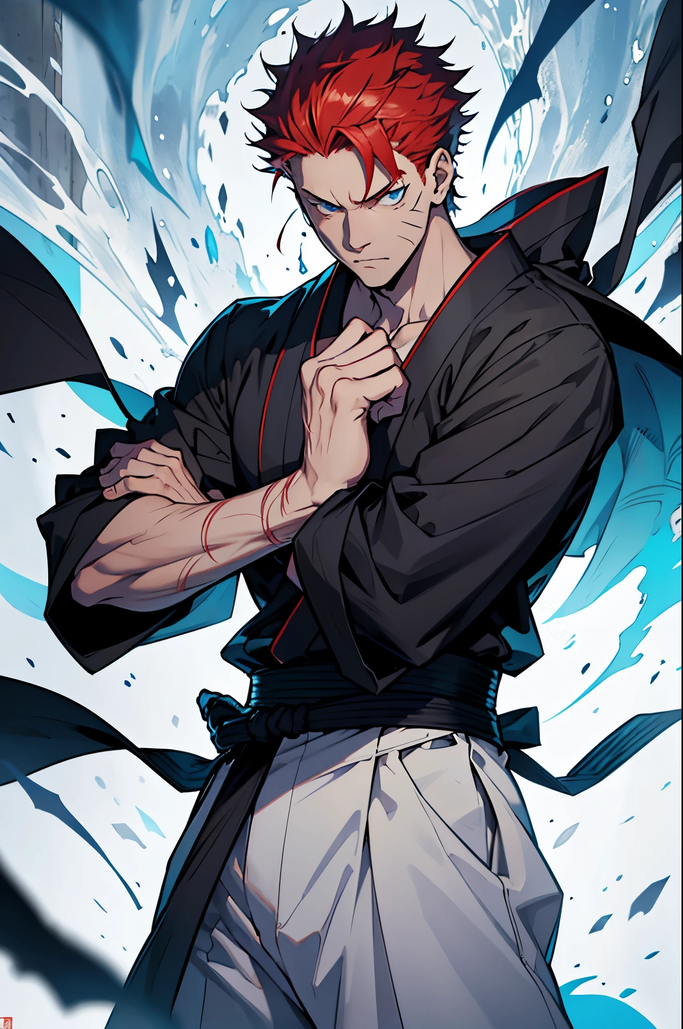 jovem lutador, cabelos ruivos, yuuji itadori, jujutsu kaisen, serious face, clothes completely destroyed, sangue escorrendo, sangrando pela boca, hematomas na face, rosto perfeito, impeccable art, detalhes no rosto, fundo desfocado, personagem bastante machucado.