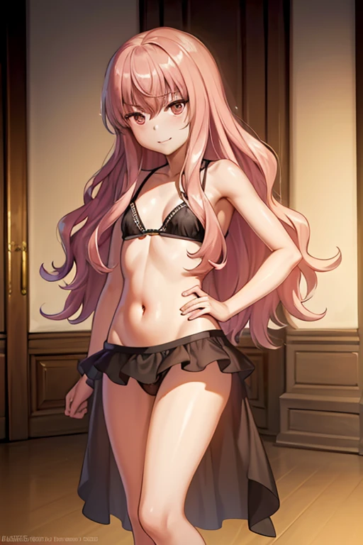1chica, avergonzada, (sonrisa forzada: 1.1), (rubor: 1.3), (rubor de la nariz: 1.3), (rubor de cara completa: 1.3), V, bikini sexy, tanga, (mirando a un lado: 1.7), ropa transparente, ombligo, falda hyper corta, bikini transparente, tiny breast, small, obra maestra, alta calidad, highres, absurdres, rasgos faciales detallados, Cinema lights, interior, en la playa de mexico sol y fuegos artificiales de fondo