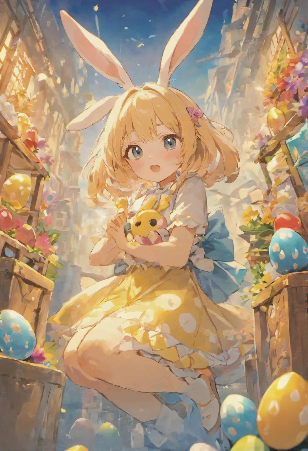 Very beatiful easter rabbit, with eggs and presents, best quality, extremely cute, extremely detailed ,flowers in spring