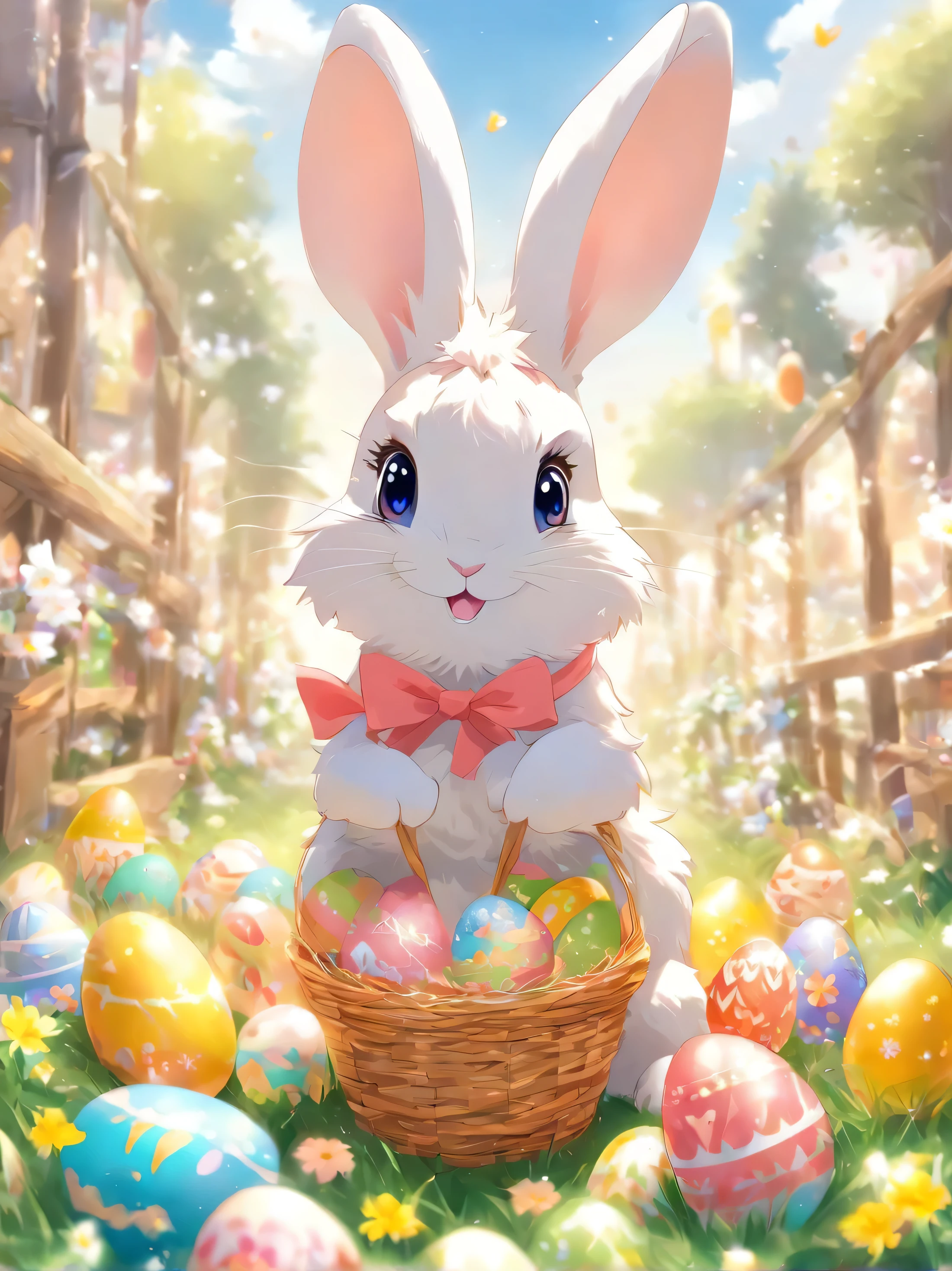 Very beatiful easter rabbit, with eggs and presents, best quality, extremely cute, extremely detailed ,flowers in spring