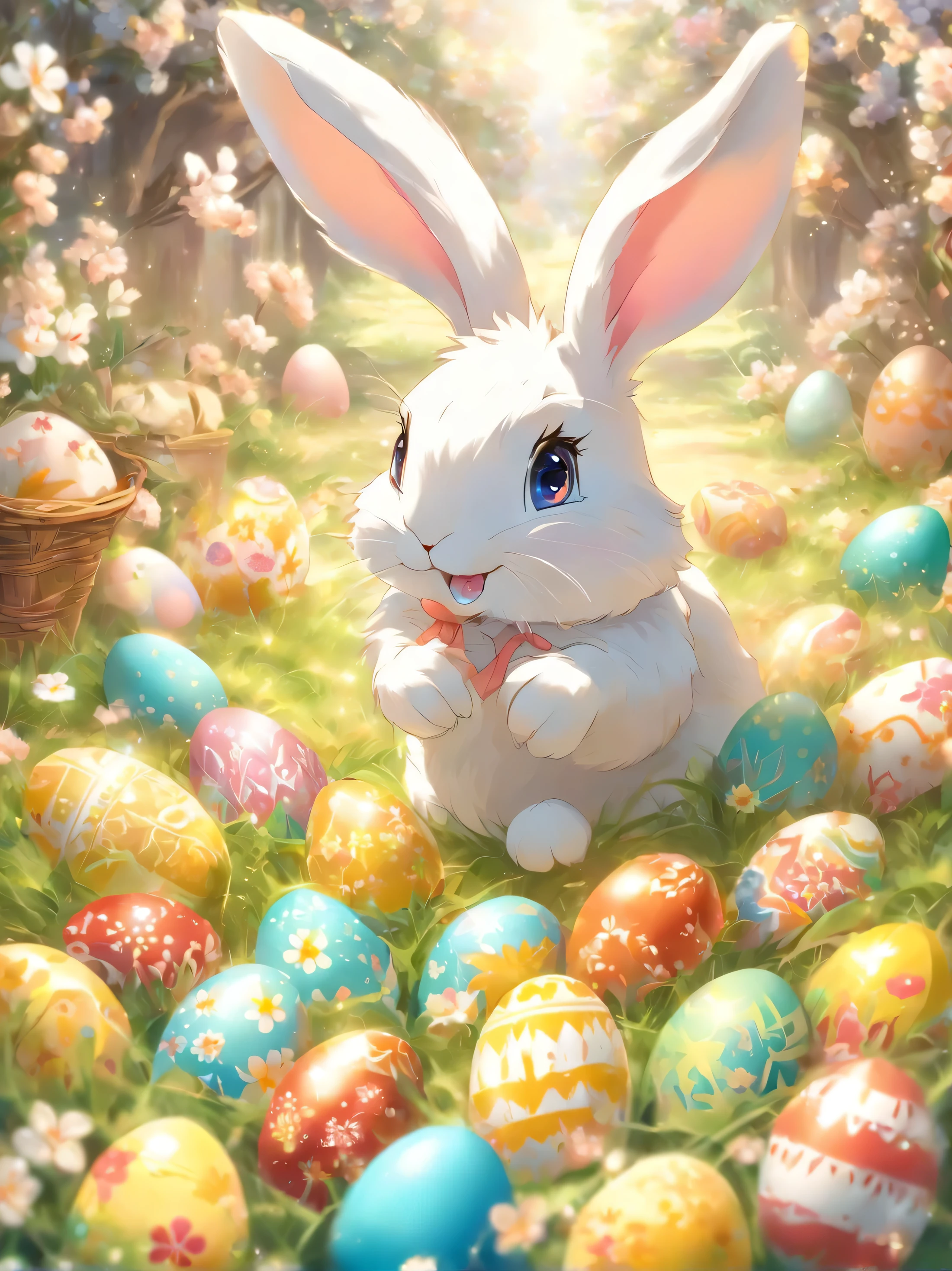 Very beatiful easter rabbit, with eggs and presents, best quality, extremely cute, extremely detailed ,flowers in spring