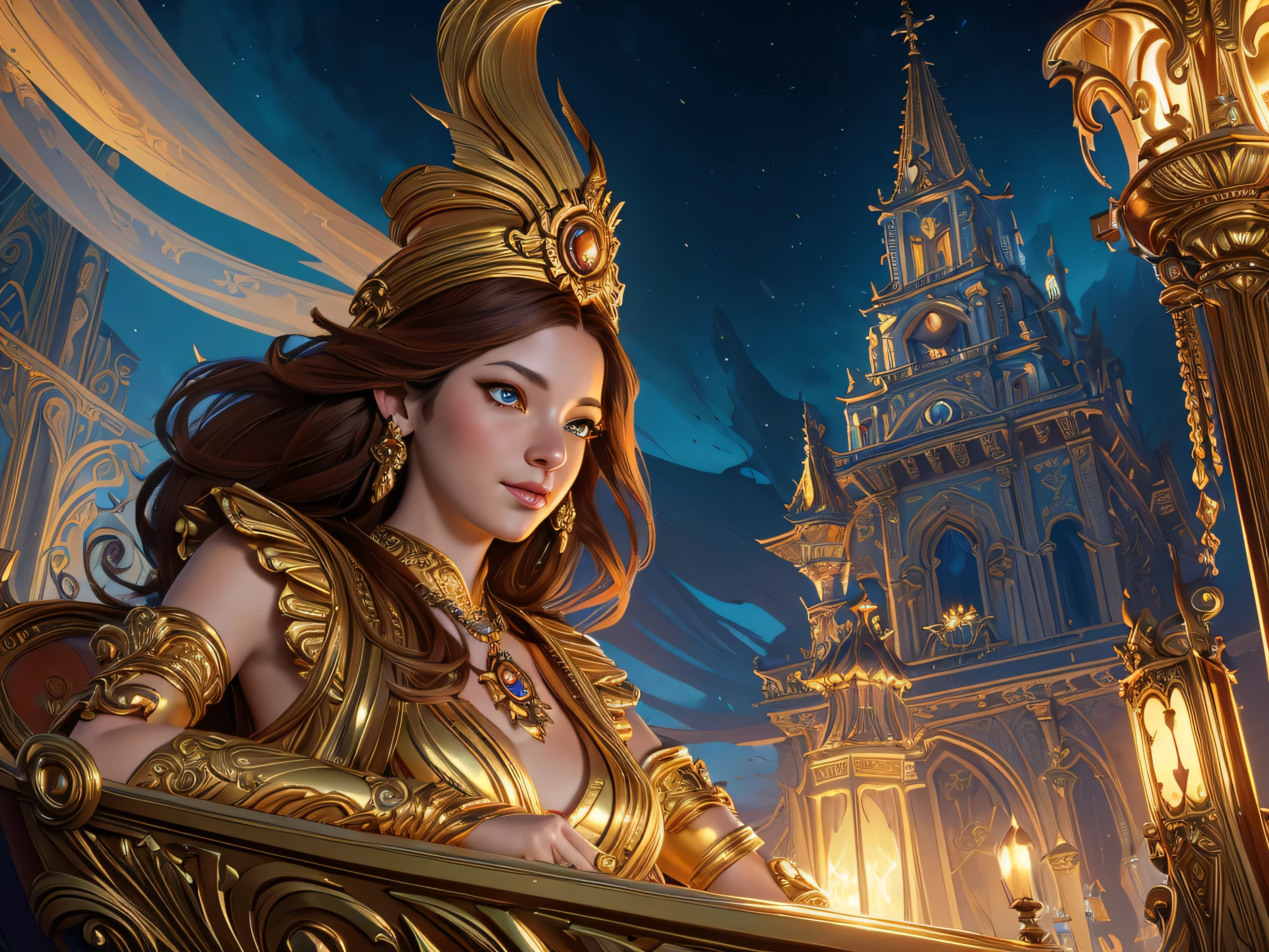 painting of a woman in a golden dress sitting on a boat, michael cheval (unreal engine, goddess of time, rob rey, art of edouard bisson, realistic fantasy illustration, by Alexander Kucharsky, cyril rolando and m. w kaluta, cyril rolando and m.w kaluta, fantasy art behance, fantasy victorian art