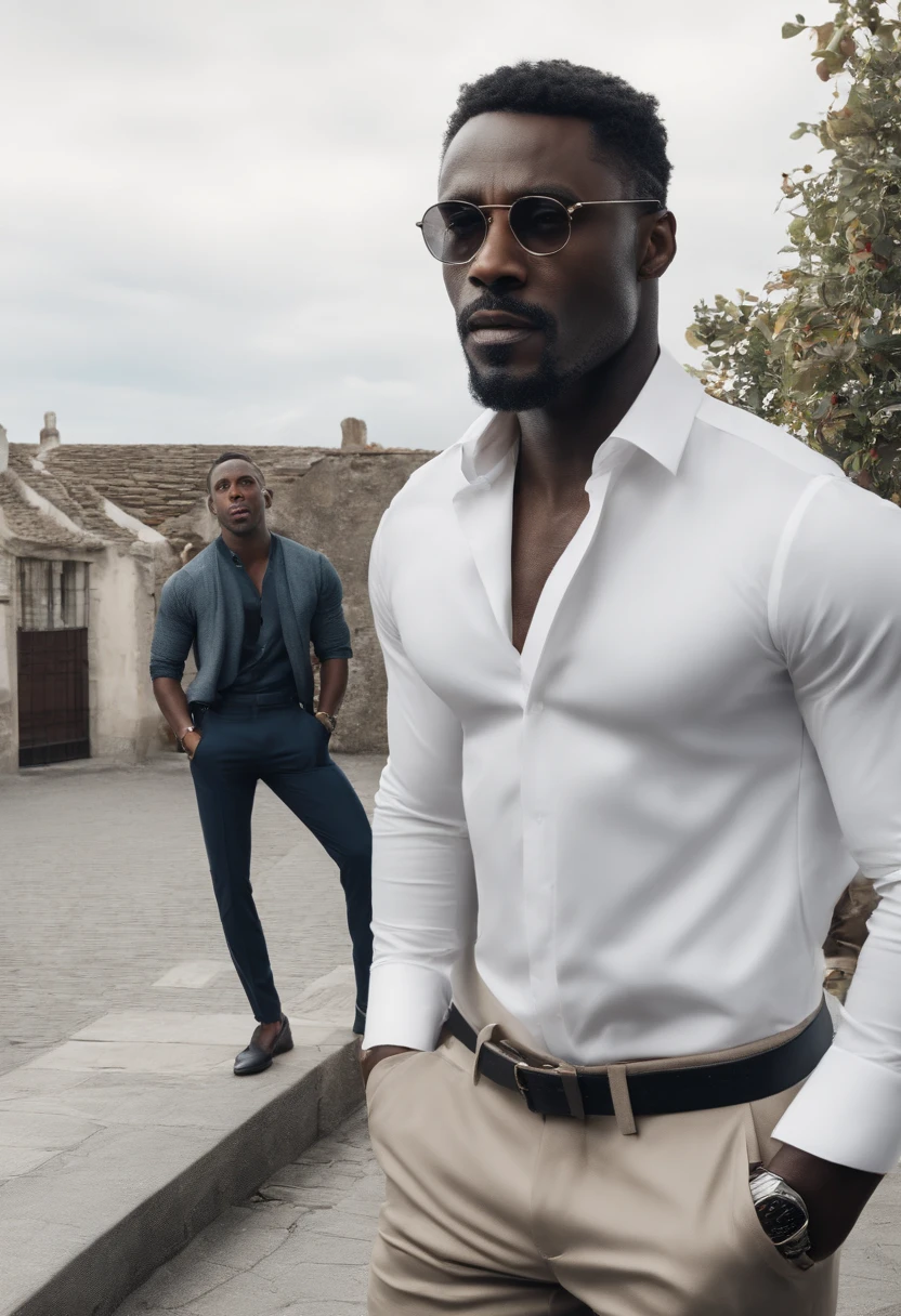 Antillais homme noire de 30 ans , corps entier esbienne, pantalon costume classe affaire, cheveux courts foncés avec décoloration, ( sosie de Mickaël.B.Jordan et Idriss elba ) Costume sombre classe affaire,expression confiante,mâchoire pointue,peau vibrante,souriant,beau visage,Posture debout corps entier esbienne, Estienne, Toile de fond de la ville,éclairage de studio professionnel,réaliste,une Ferrari, photoréaliste:1.37,portraits,Couleurs vives,Ton froid,éclairage doux