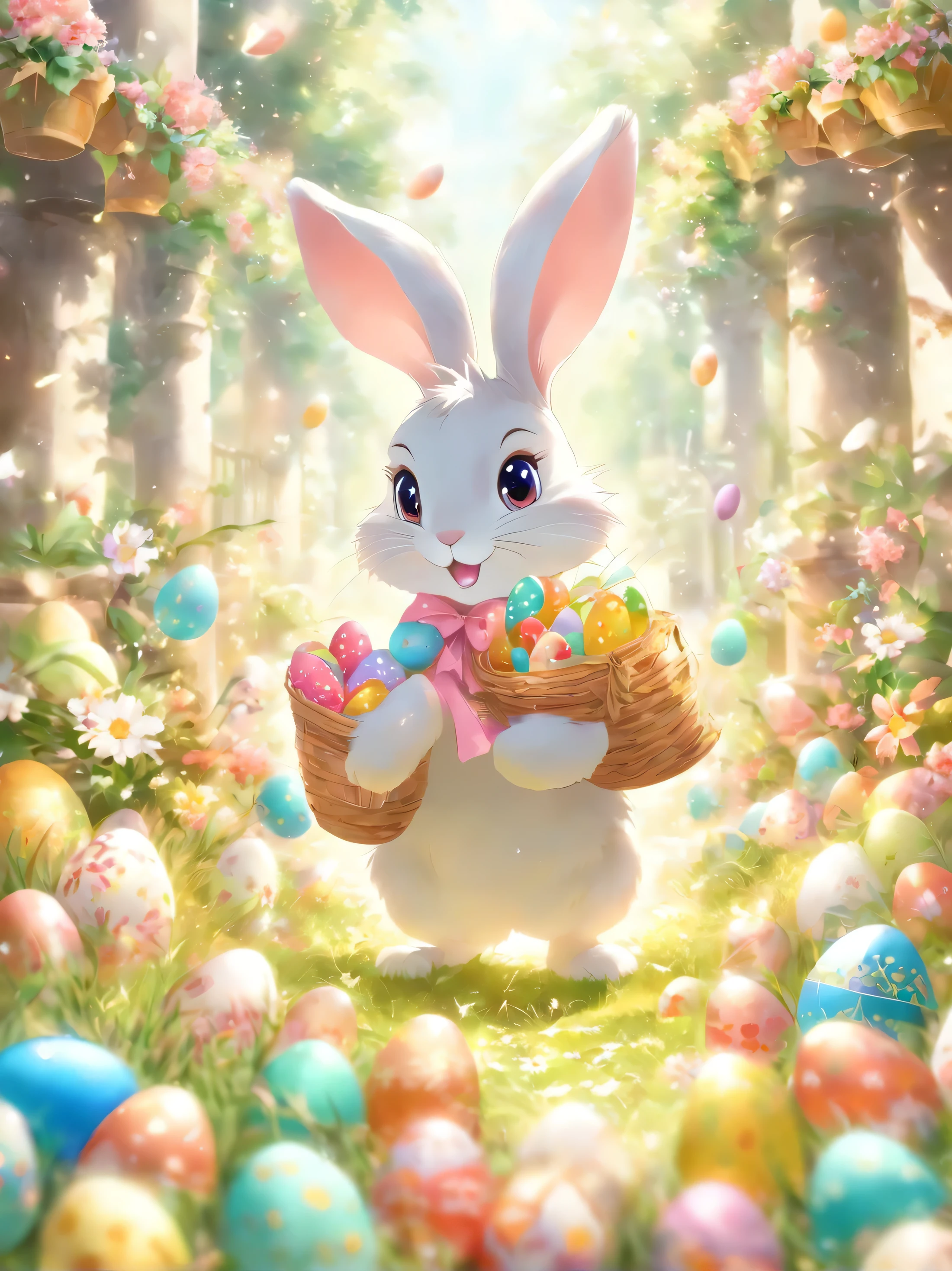 Very beatiful easter rabbit, with eggs and presents, best quality, extremely cute, extremely detailed ,flowers in spring