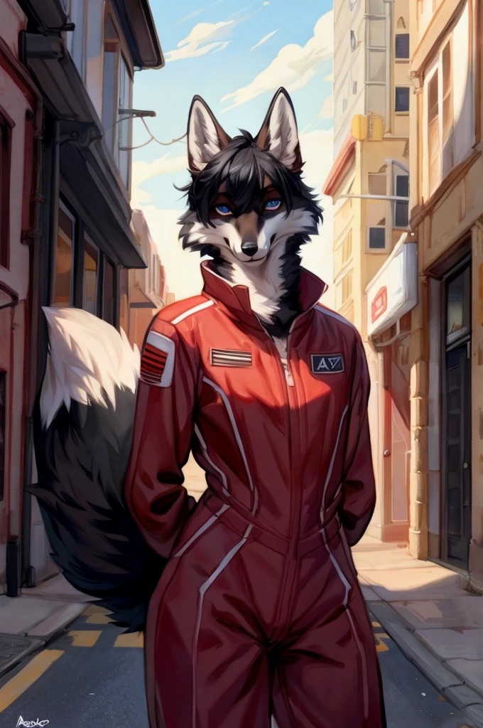 Solo, male, standing, ((black fox, snout, by bebebebebe)), by spuydjeks, medium hair, black hair, black fur, canine, slim, small waist, wide hips, street, indigo eyes, hands behind back, one tail, red military spacesuit