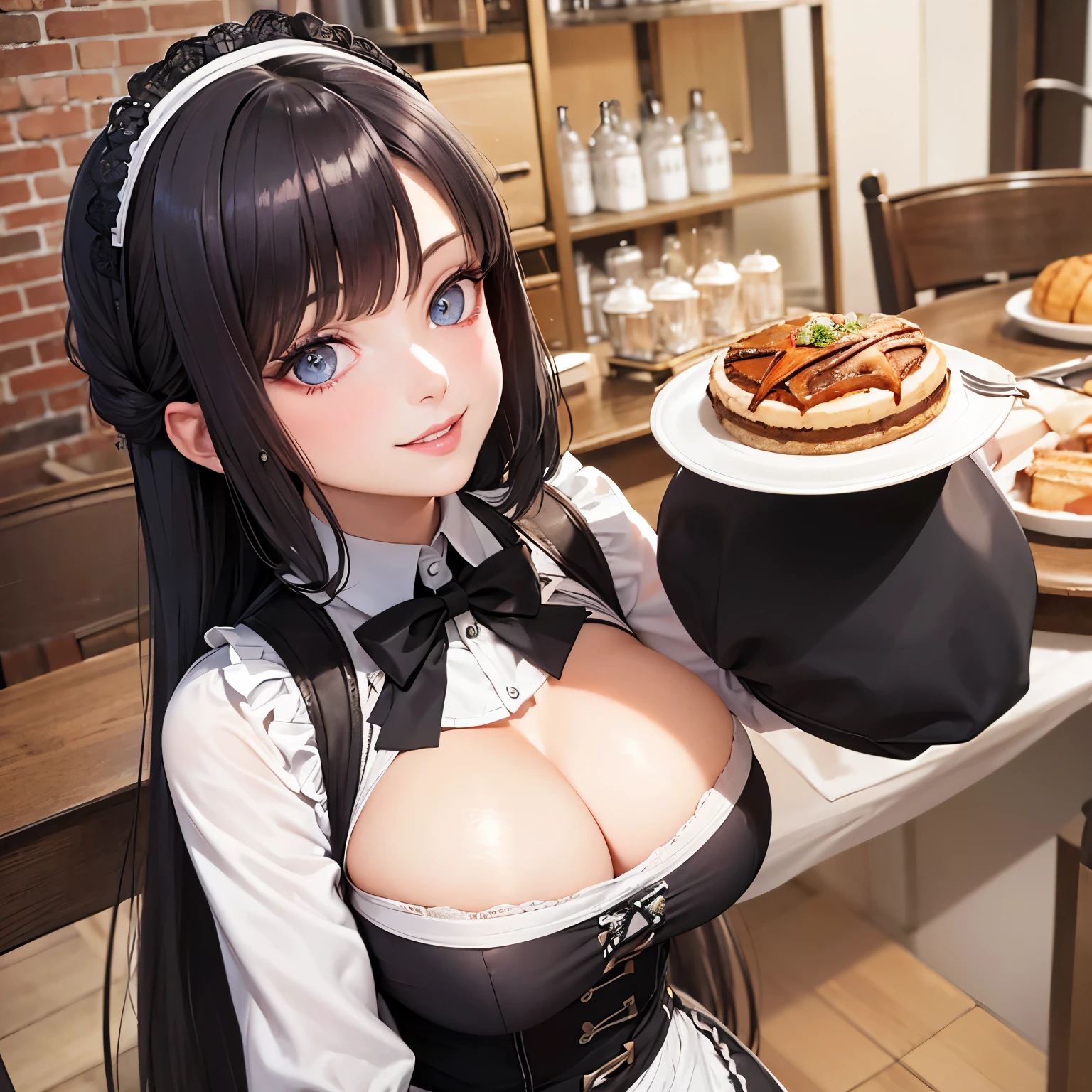 Meisterwerk, (realistisch), high-res, hochdetailliert, kompliziert, Beautiful women, rote Haare, blaue Augen, Sommersprossen, detailliertes Gesicht, maid outfit, looking at viewer, showing boobs, smile, huge boobs, in Cafe, serving you, lehnen