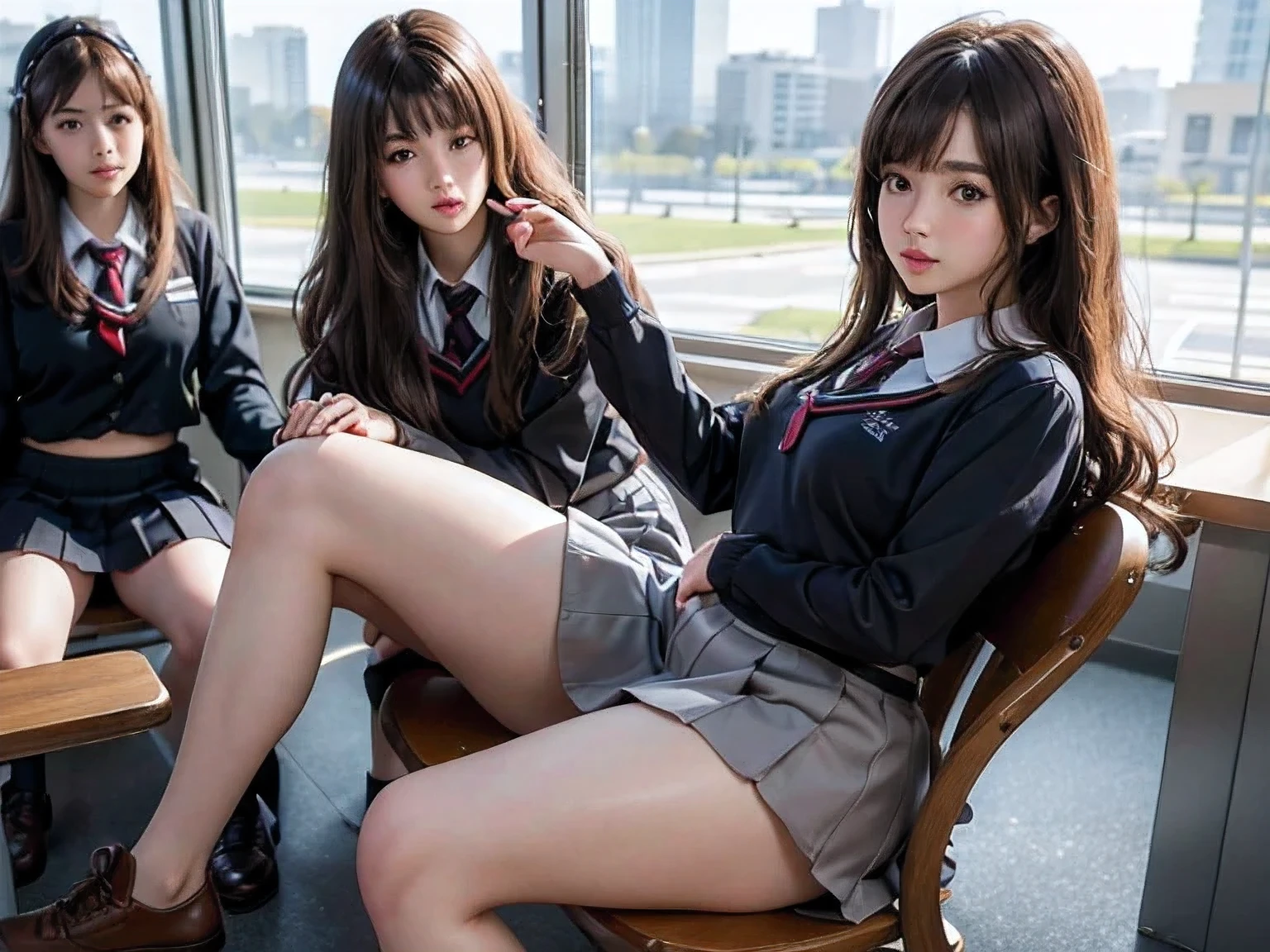 Ultra-detailed complex 3D rendering of faces、(masterpiece、top-quality、octan render, 8k , 2 girls, school uniform, seifuku, long brown curly hair bangs, class room scenery, crowded people, sitting, big hips, big thighs, looking on a cellphone, with soft focus on the image,