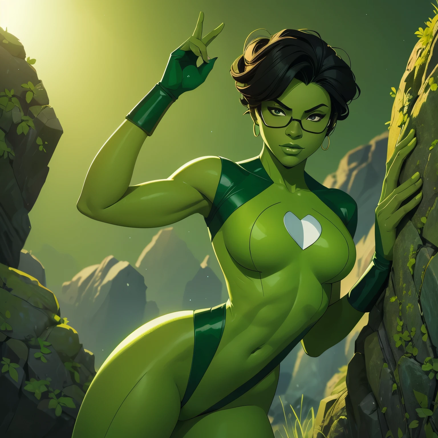 a cartoon of a woman in green posing for a picture, a digital rendering inspired by Ceri Richards, trending on deviantart, figuration libre, green colored skin, singer beyoncé as she-hulk, green colored skin!!, nerdy black girl super hero, digitally colored, green skinned, positing on rock super hero pose, clean cel shaded