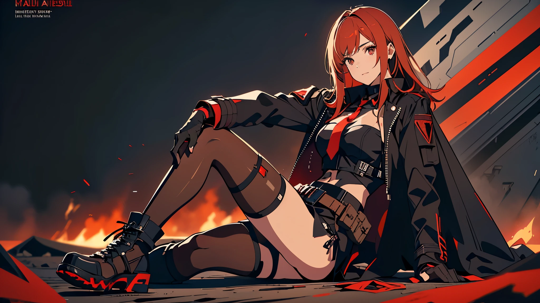 ((Best quality)), ((masterpiece)), (detailed:1.4), 3D, an image of a beautiful cyberpunk female, long burning red hair, burning hair, light brown eyes, red Barret, Black Soldier Shirt, Black under cloth, black panty, Grenade belt, Big chest, Big thigh, High thigh black knee sock, full view of girl, battlefield background, black combat boot, red necktie, black glove, black combat suit, black jacket, black cloak, black panty, ammo belt, HDR (High Dynamic Range),Ray Tracing,NVIDIA RTX,Super-Resolution,Unreal 5,Subsurface scattering,PBR Texturing,Post-processing,Anisotropic Filtering,Depth-of-field,Maximum clarity and sharpness,Multi-layered textures,Albedo and Specular maps,Surface shading,Accurate simulation of light-material interaction,Perfect proportions,Octane Render,Two-tone lighting,Wide aperture,Low ISO,White balance,Rule of thirds,8K RAW,