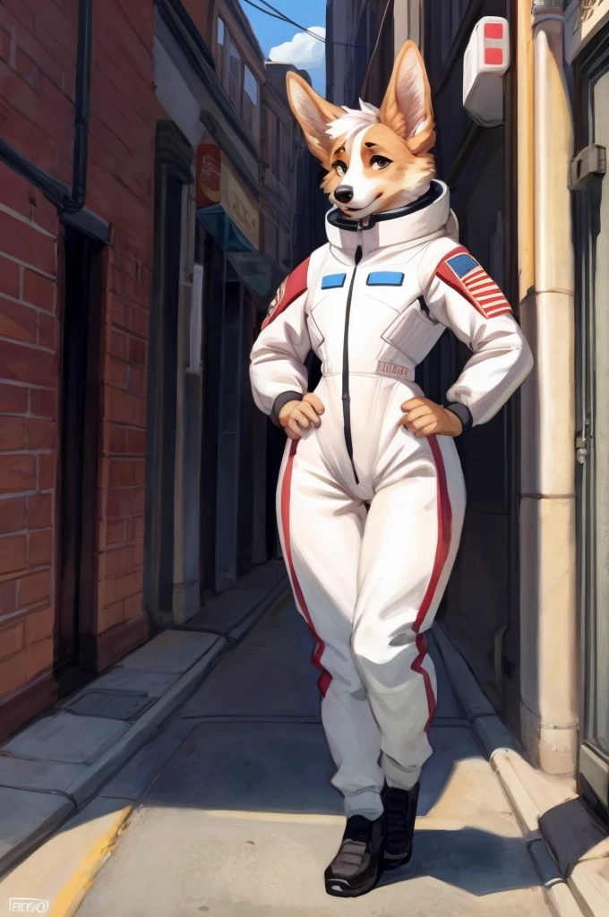 Solo, male, eyelashes, girly, femboy, eyeliner, lips, red military spacesuit, by bebebebebe, hair, street, corgi, black lip gloss, small waist, wide hips