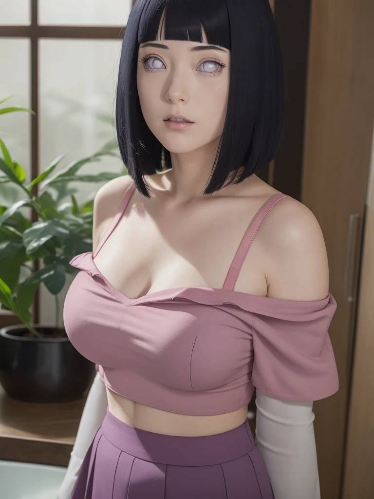 (huge titusty, masterpiece, absurdres, hinata\(boruto\), 1girl, solo,mature female, off-shoulder bra, high waist short skirt, looking at viewelling petals), perfect composition, detailed lips, big breast, beautiful face, body propotion, blush, (pink lips), long hair, purple eyes, soft gaze, super realistic, detailed, photoshoot, realistic face and body,