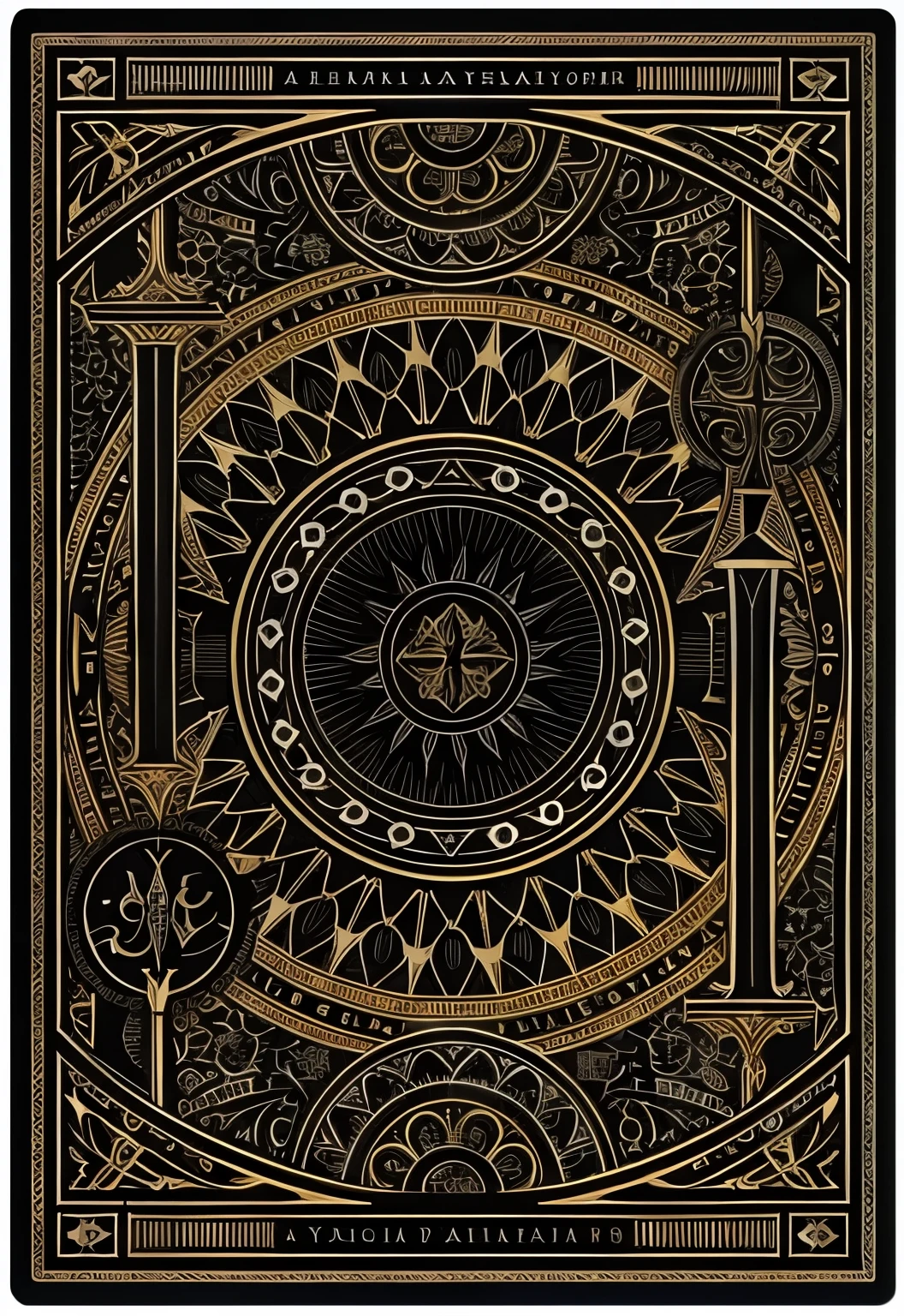 a black and gold playing card with a circular design, high detailed + tarot card, tarot card design, tarot card art, tarot design, tarot card background, tarot card style, tarot card, playing card back, black  tarot, tarot art, [ tarot card ]!!!!!, tarot cards, gold detailed line work, card art, design for magic the gathering