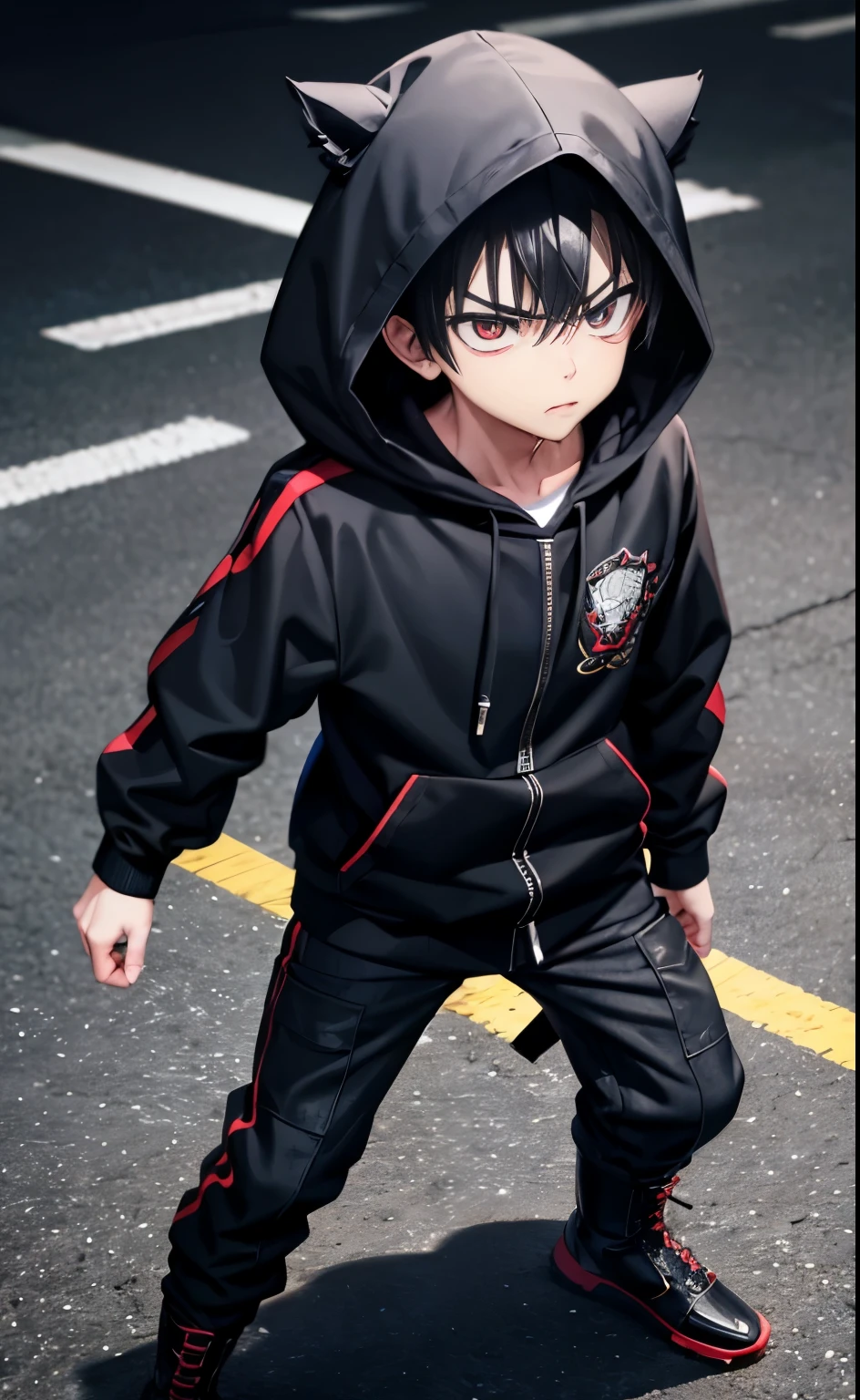 Boy , anime estilo , sole male , infant , black hair , angry face menacing , moletom hood , action pose , manoplas de metal , calças pretas , cinto-de-utilidades , botas militares .