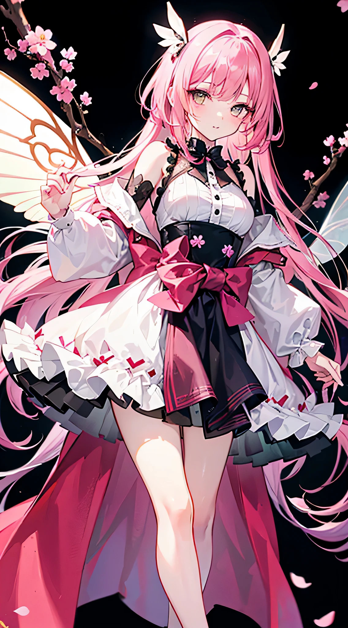 A girl wearing a dress with a cherry blossom fairy motif, pink hair, long, picture seen from the front, white eyes, top quality, cute, head to toe, front view, wearing fairy wings on her waist. Gorgeous image, standing, long hair, well-shaped face, black background, body facing forward