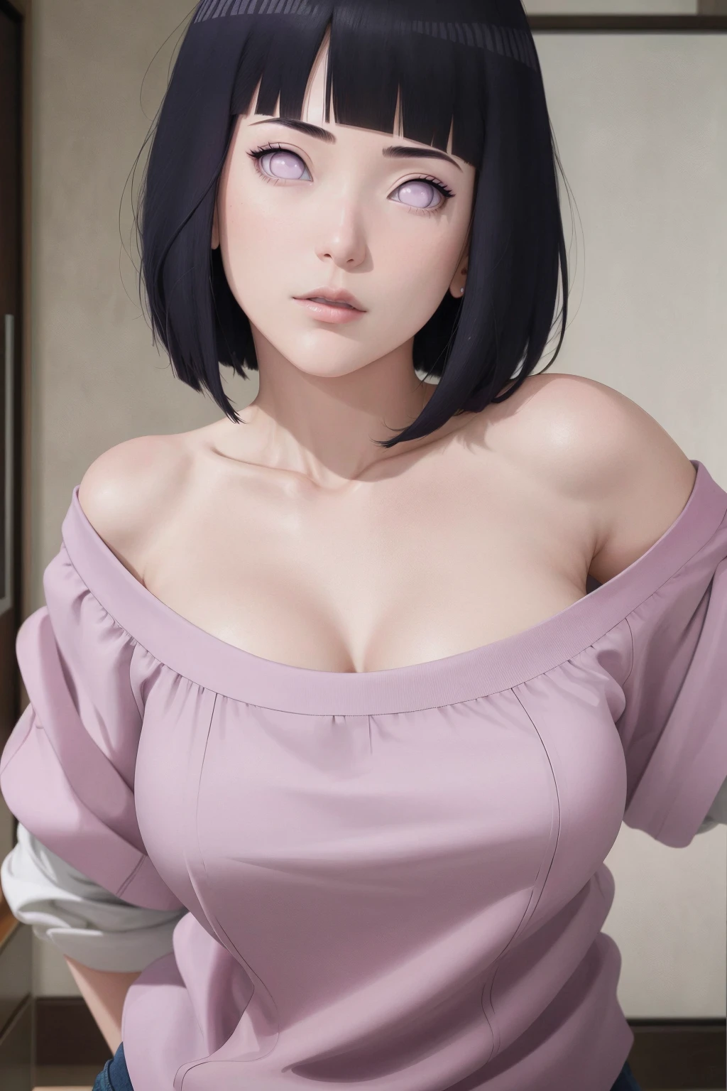 { - erro de anatomia} masterpiece, absurdres, hinata\(boruto\), 1girl, solo,mature female, off-shoulder oversized shirt, on your back, looking back, with your chin under your shoulder, perfect composition, detailed lips, beautiful face, body propotion, blush, (pink lips), short hair,  purple eyes,  soft gaze,  super realistic, detailed, photoshoot, realistic face and body, sexual expression, seductive expression,